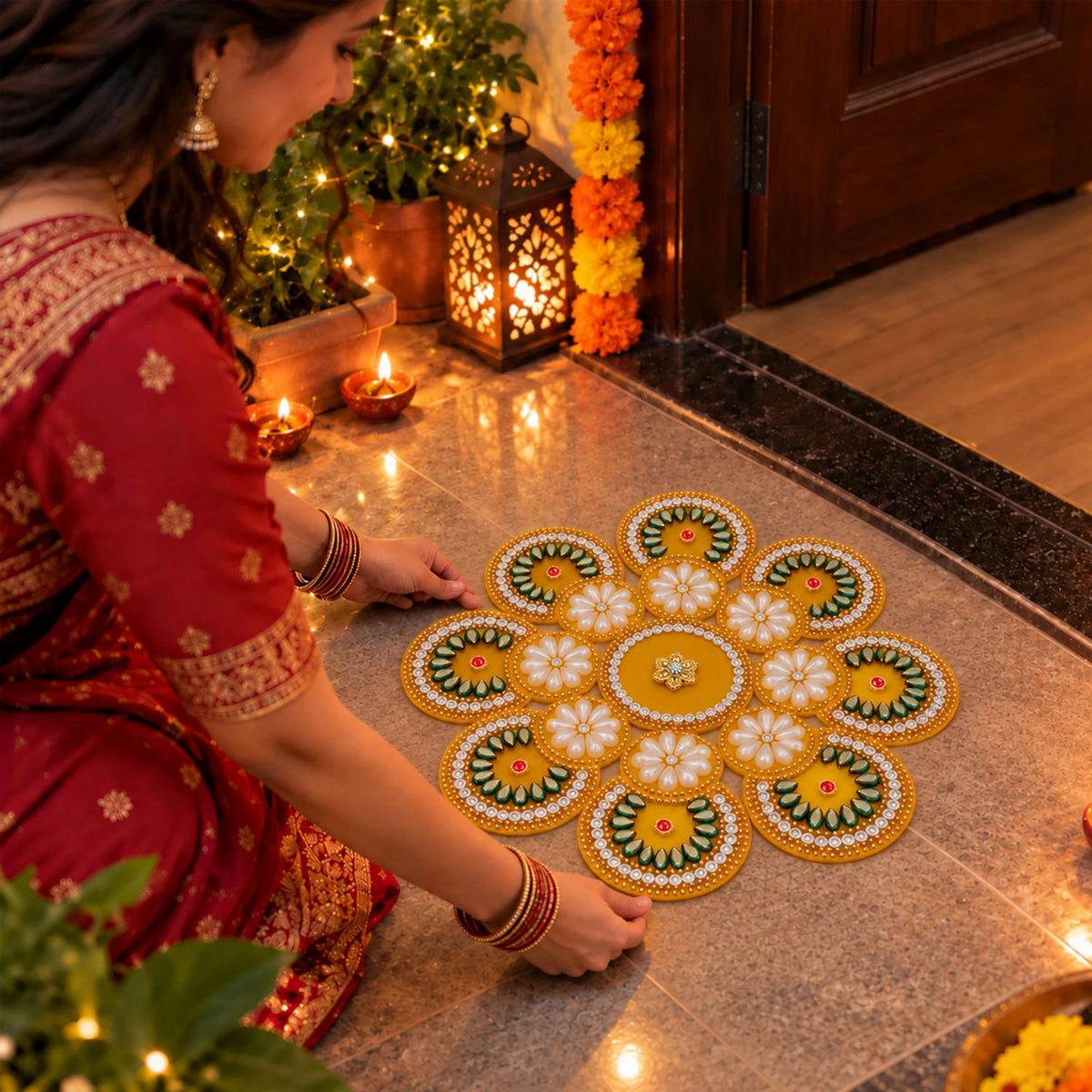 Yellow Pearl Rangoli Mat for Diwali Decoration for Home