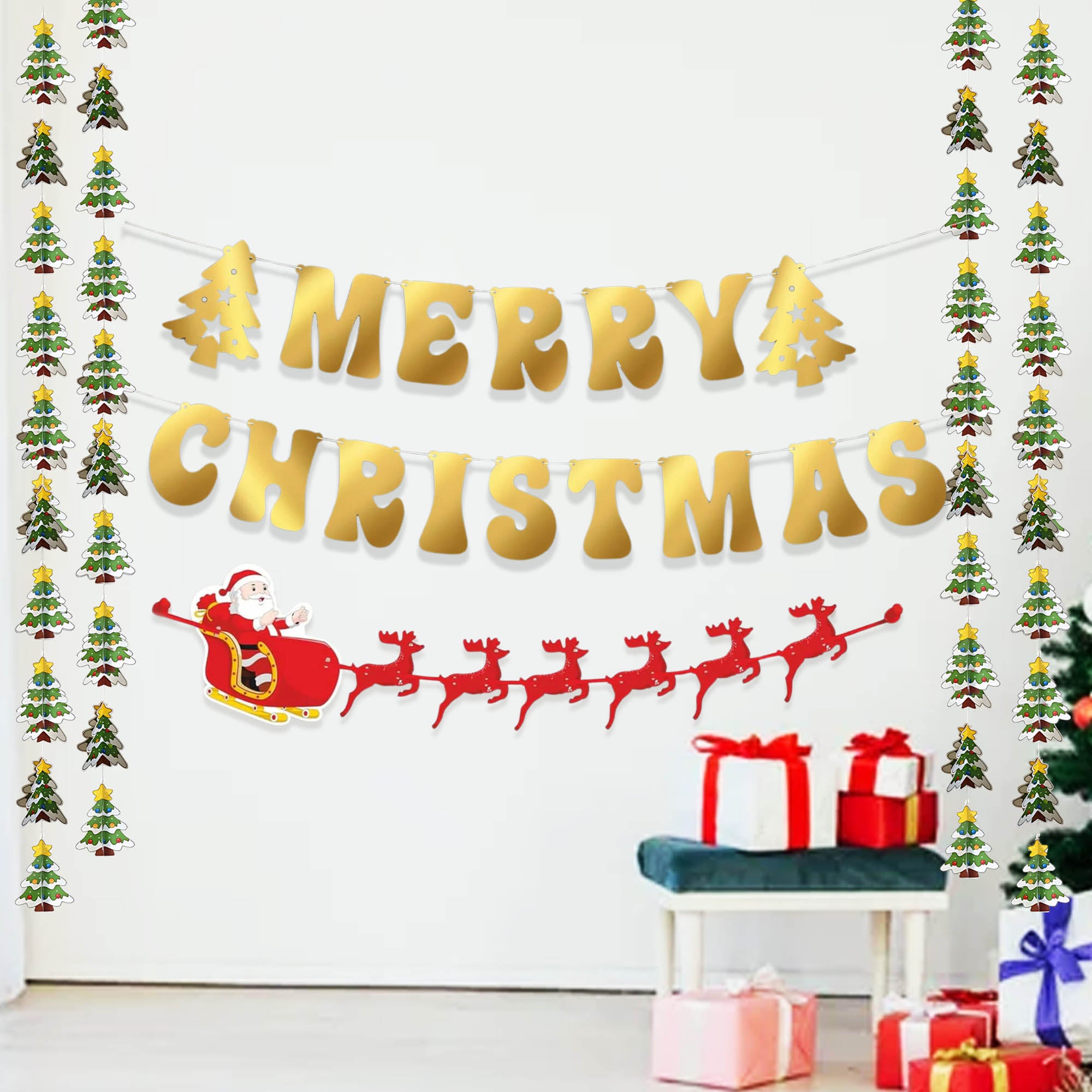 Merry Christmas with Reindeer Banner and Tree Frill