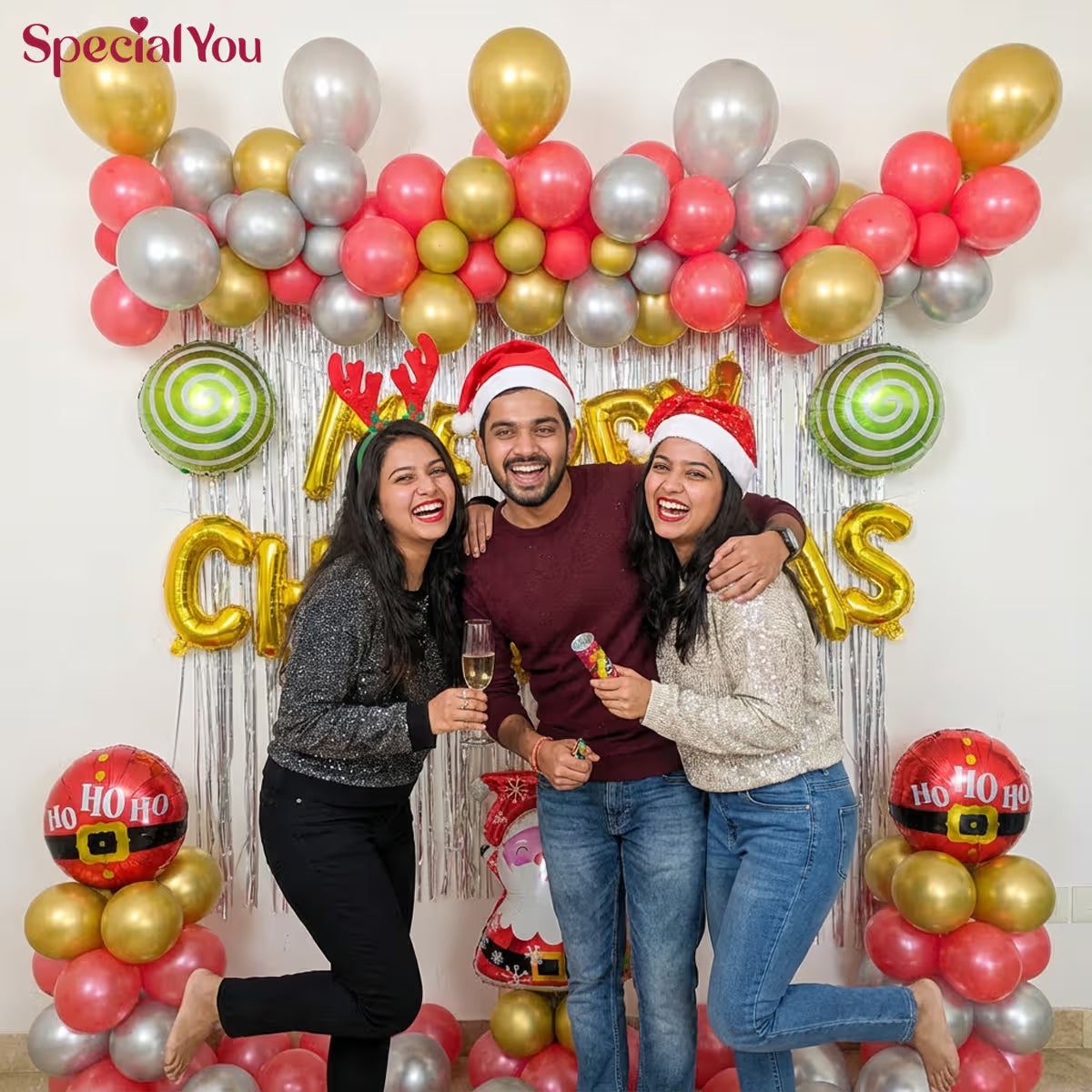 Festive Merry Christmas Foil Balloon Wall Setup