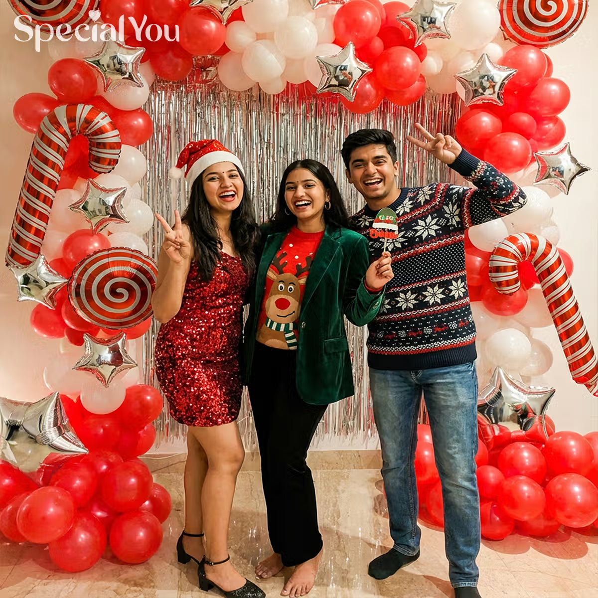 Xmas Balloon Decor with Candy Cane Arch & Silver Backdrop