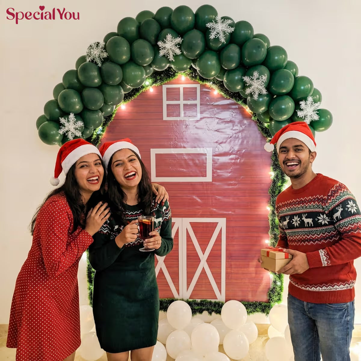 Christmas Barn Backdrop Decor with Green Balloon Arch