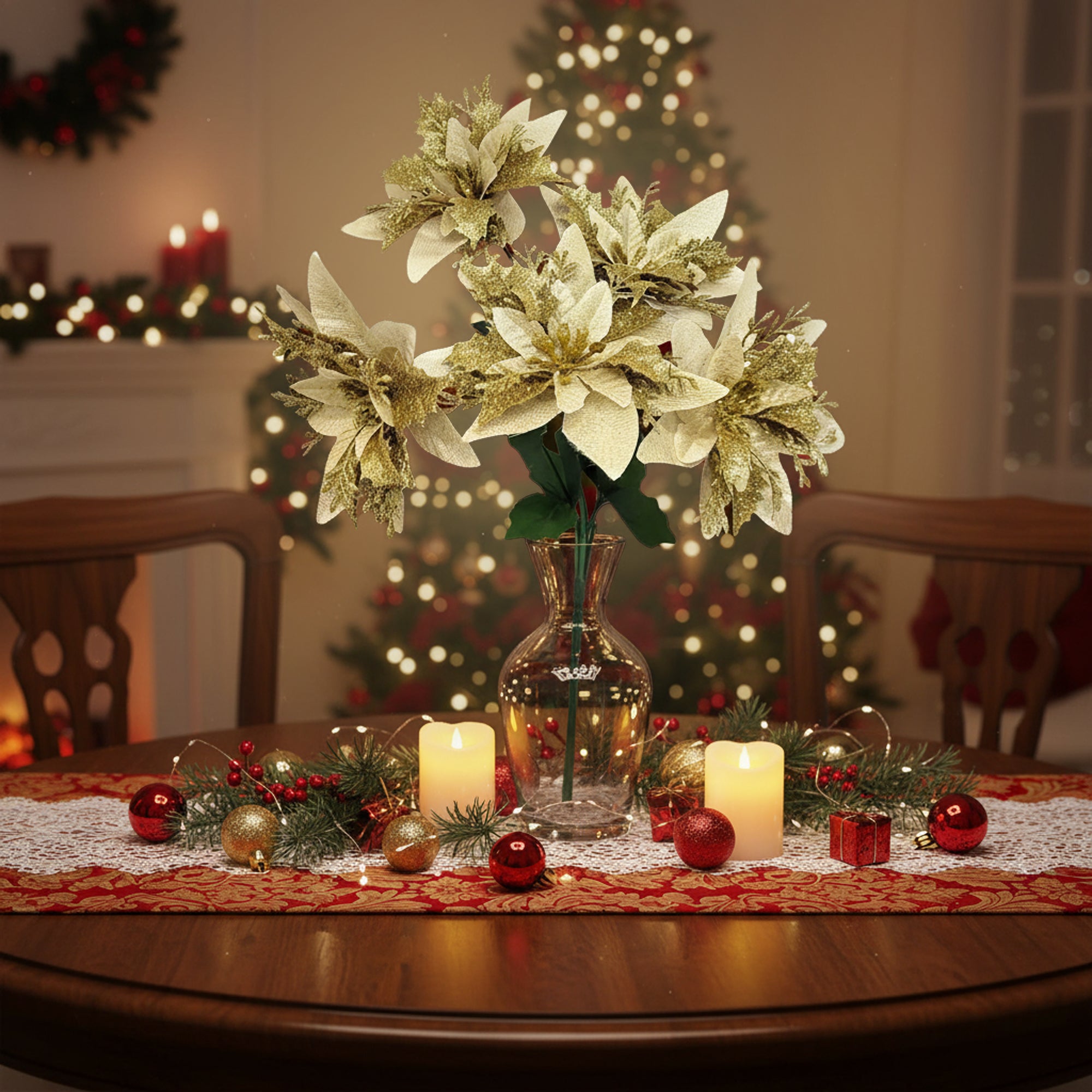 Christmas Decor Gold Poinsettia Flower - 5pcs