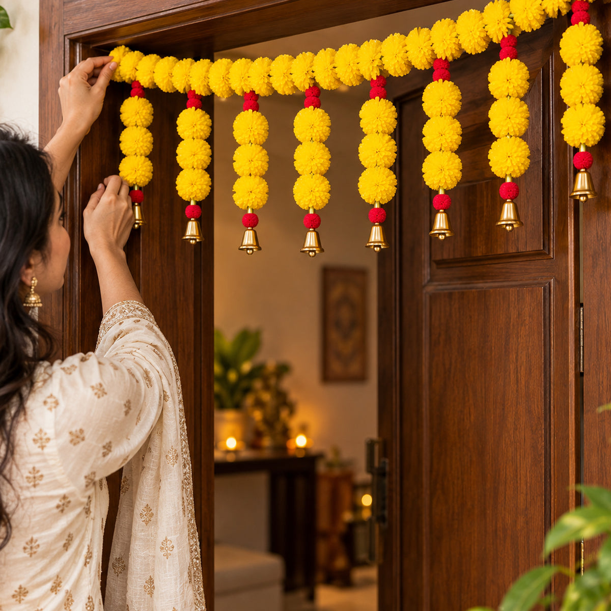 Yellow Marigold Bell Toran for Diwali Decoration for Home