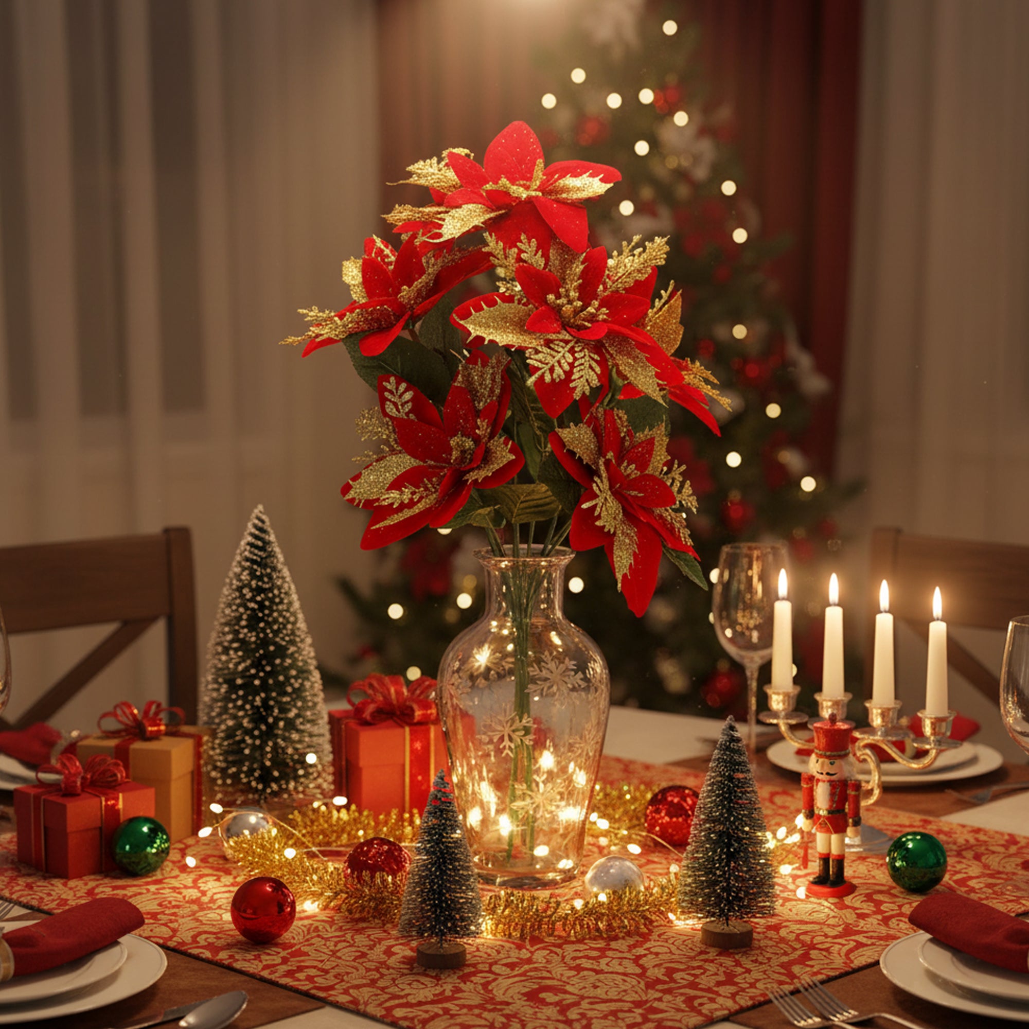 Artificial Red Poinsettia Flower Bunch