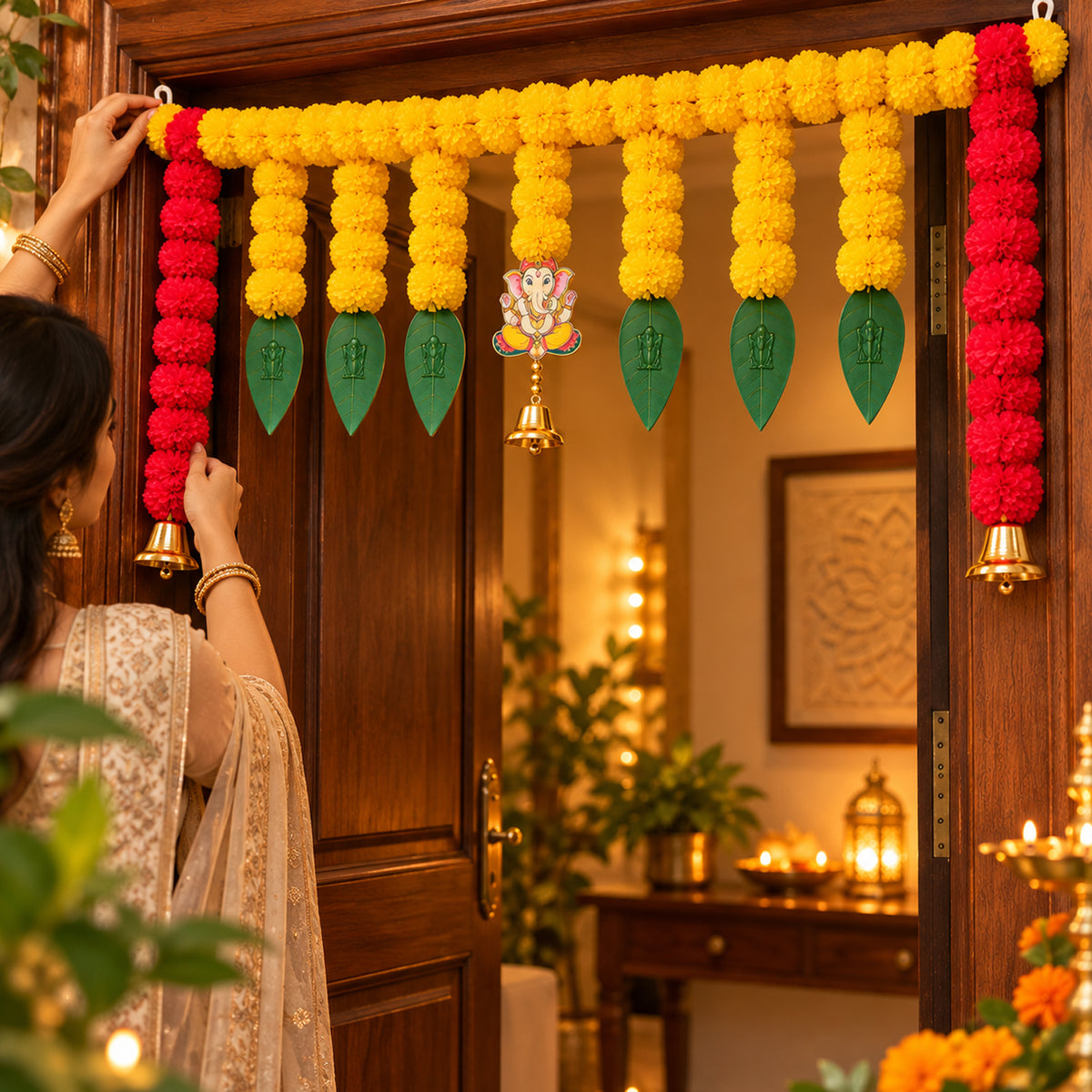 Yellow & Red Marigold Bell Toran for Diwali Decoration for Home