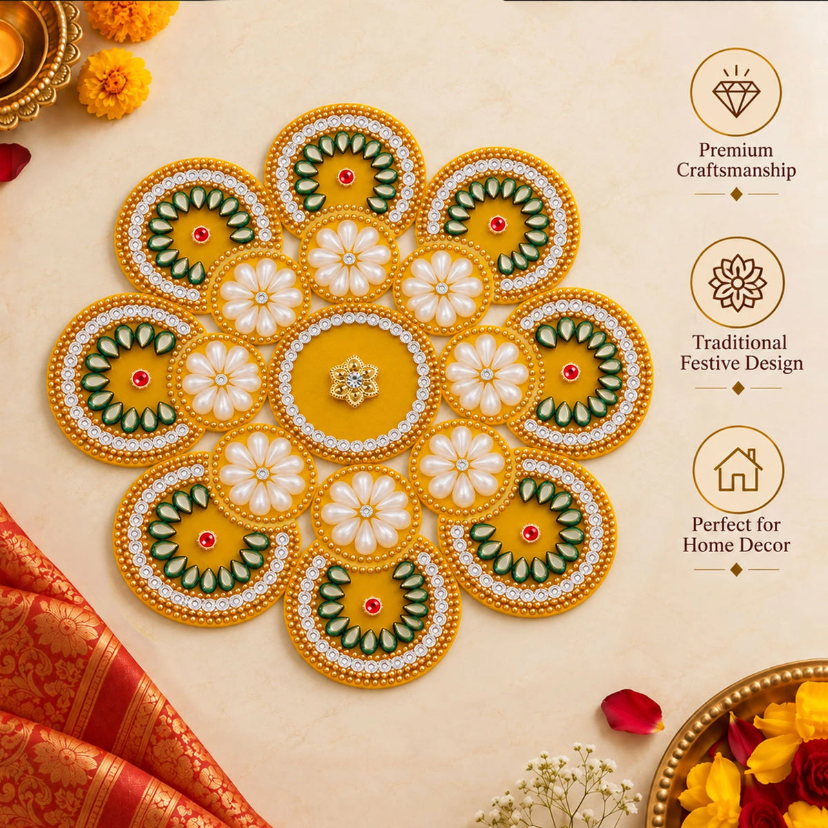 Yellow Pearl Rangoli Mat for Diwali Decoration for Home