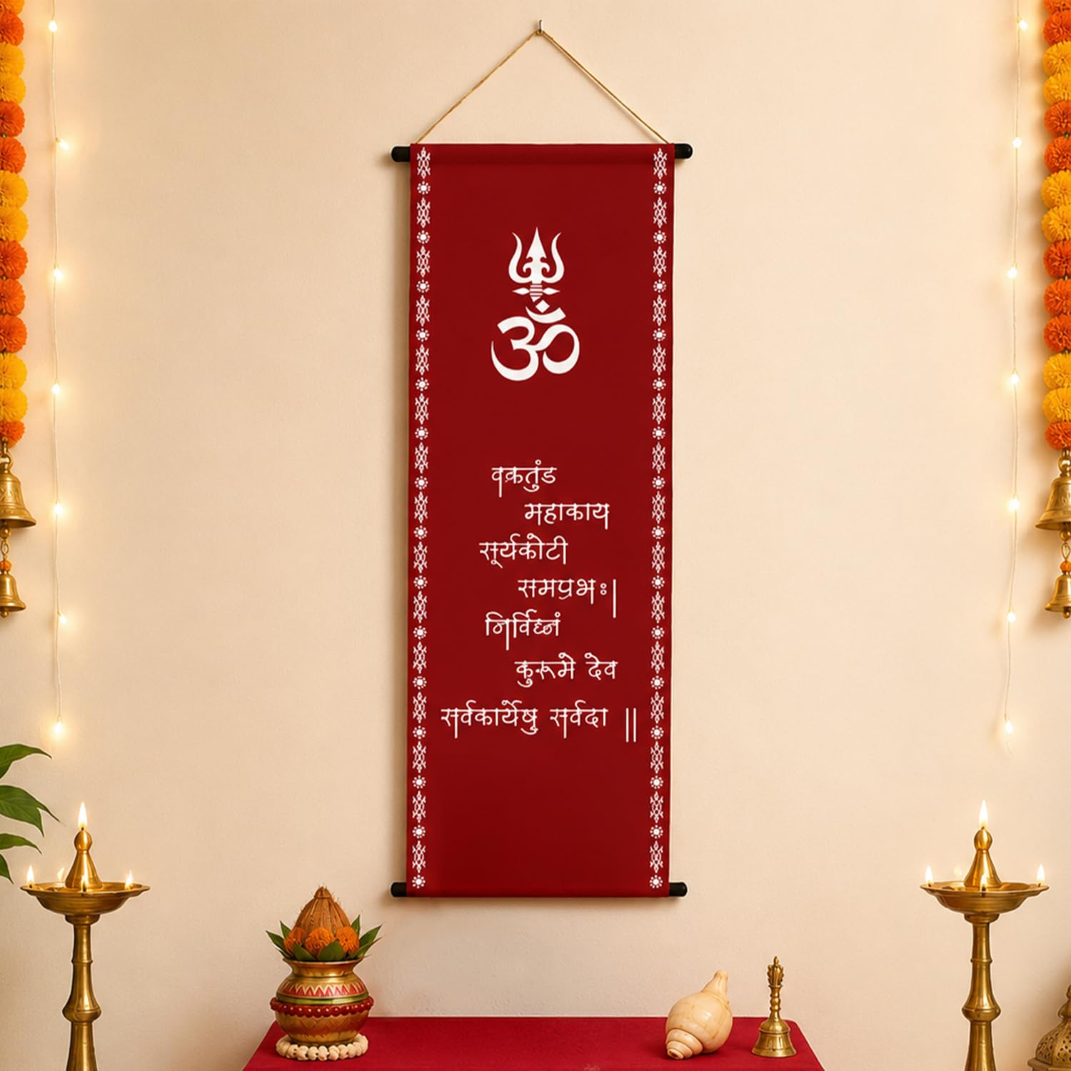 Divine OM Scroll Backdrop – Ganpati Decoration Cloth for Home & Pooja