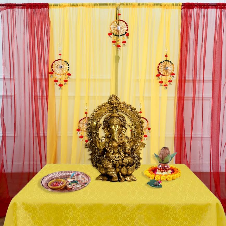 Red & yellow backdrop to adorn your puja space