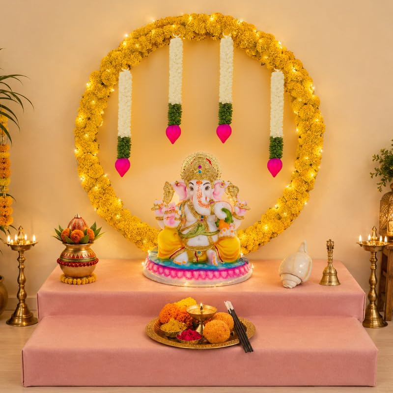 Ganpati Decoration Kit with Yellow Backdrop Stand & Marigold Garlands – 10 Pcs