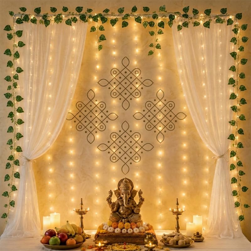 Ganpati Serenity Backdrop Décor Set – White Cloth, Kolam & Green Vines