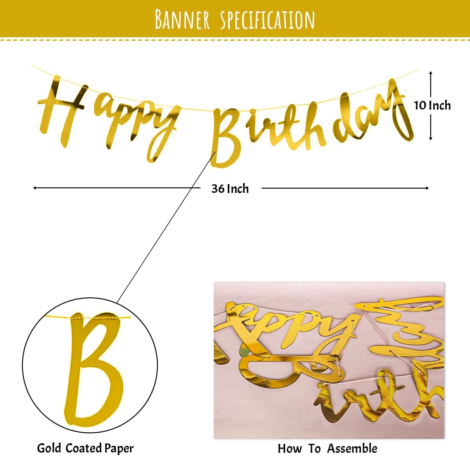 Golden happy birthday banner