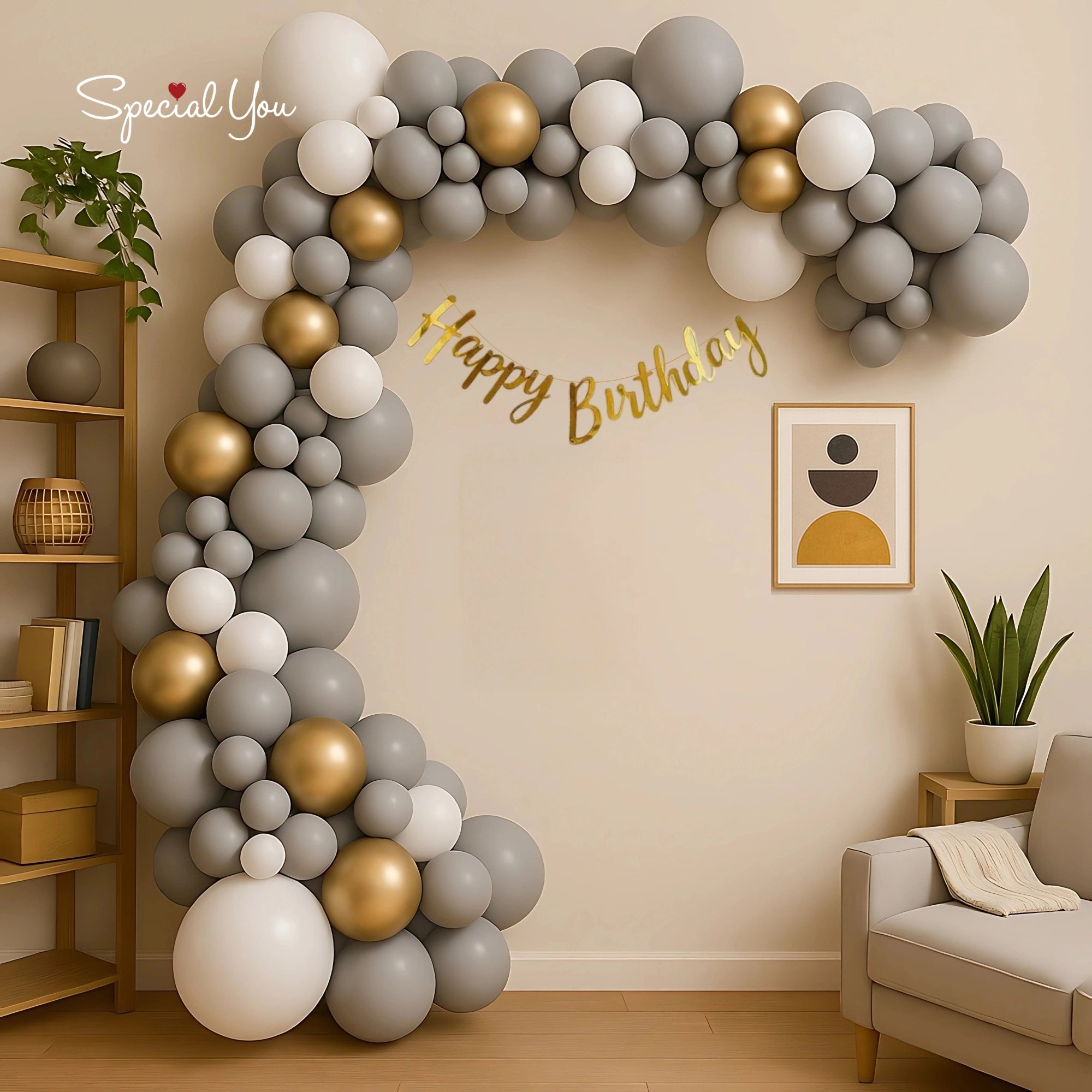 Grey & Gold Birthday Arch Decor