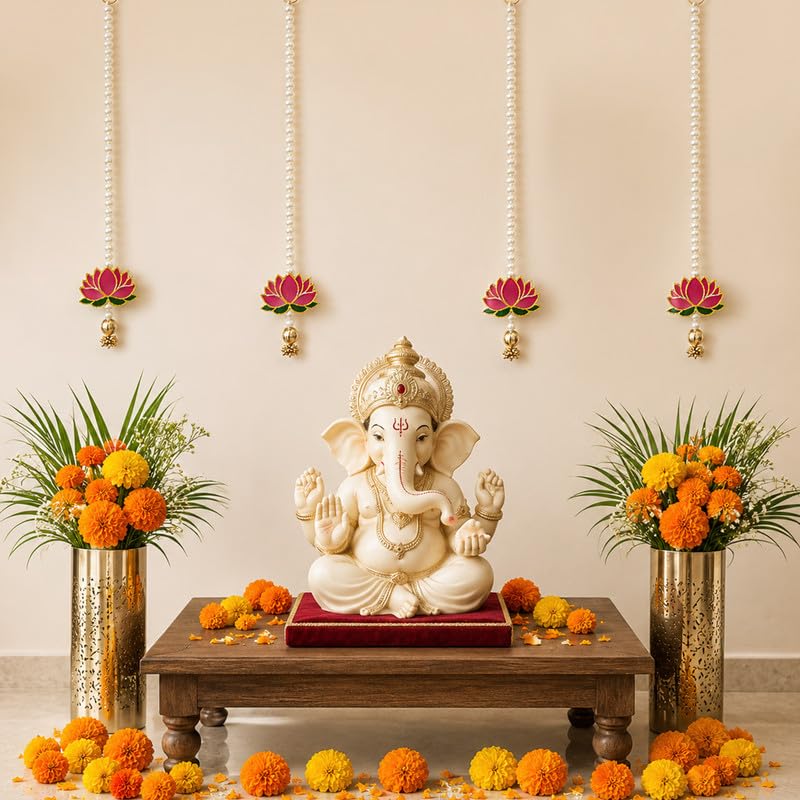 Pearl Lotus Wall Hanging for Ganpati Decoration – Pack of 4