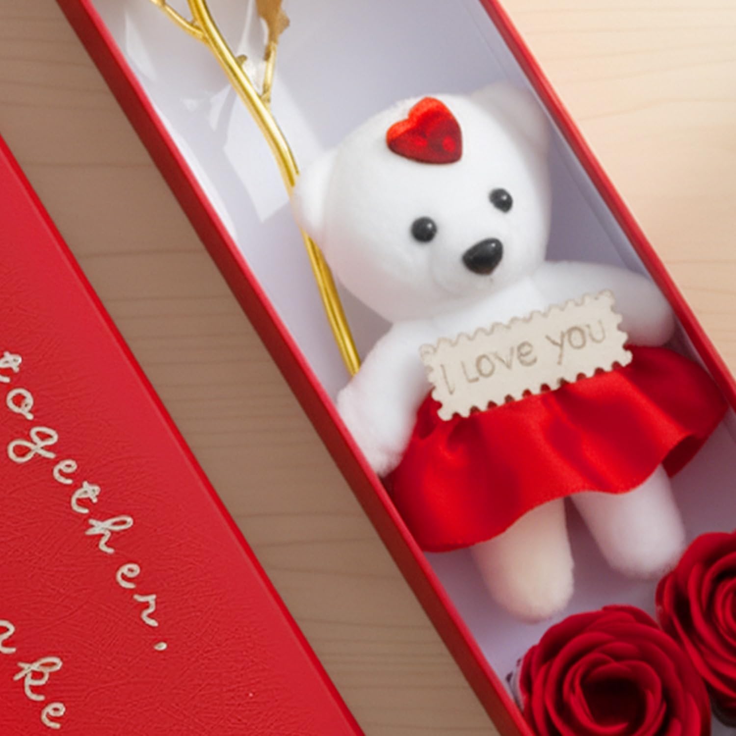 Metal Red Rose & White Teddy for Valentine Gift