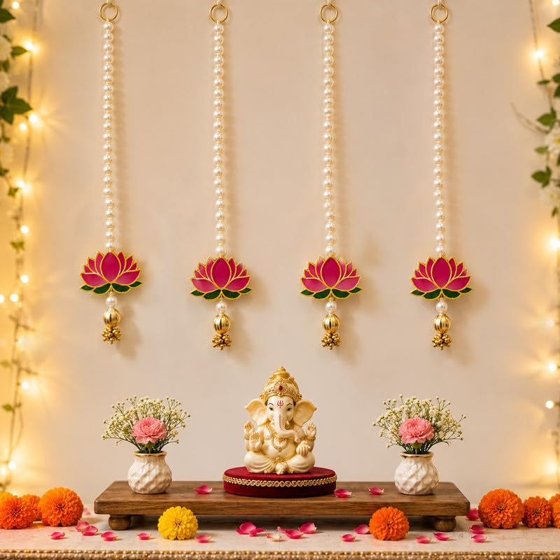 Pearl Lotus Wall Hanging for Ganpati Decoration – Pack of 4