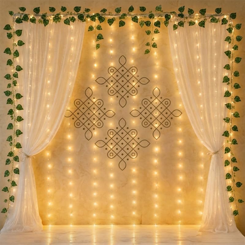 Ganpati Serenity Backdrop Décor Set – White Cloth, Kolam & Green Vines