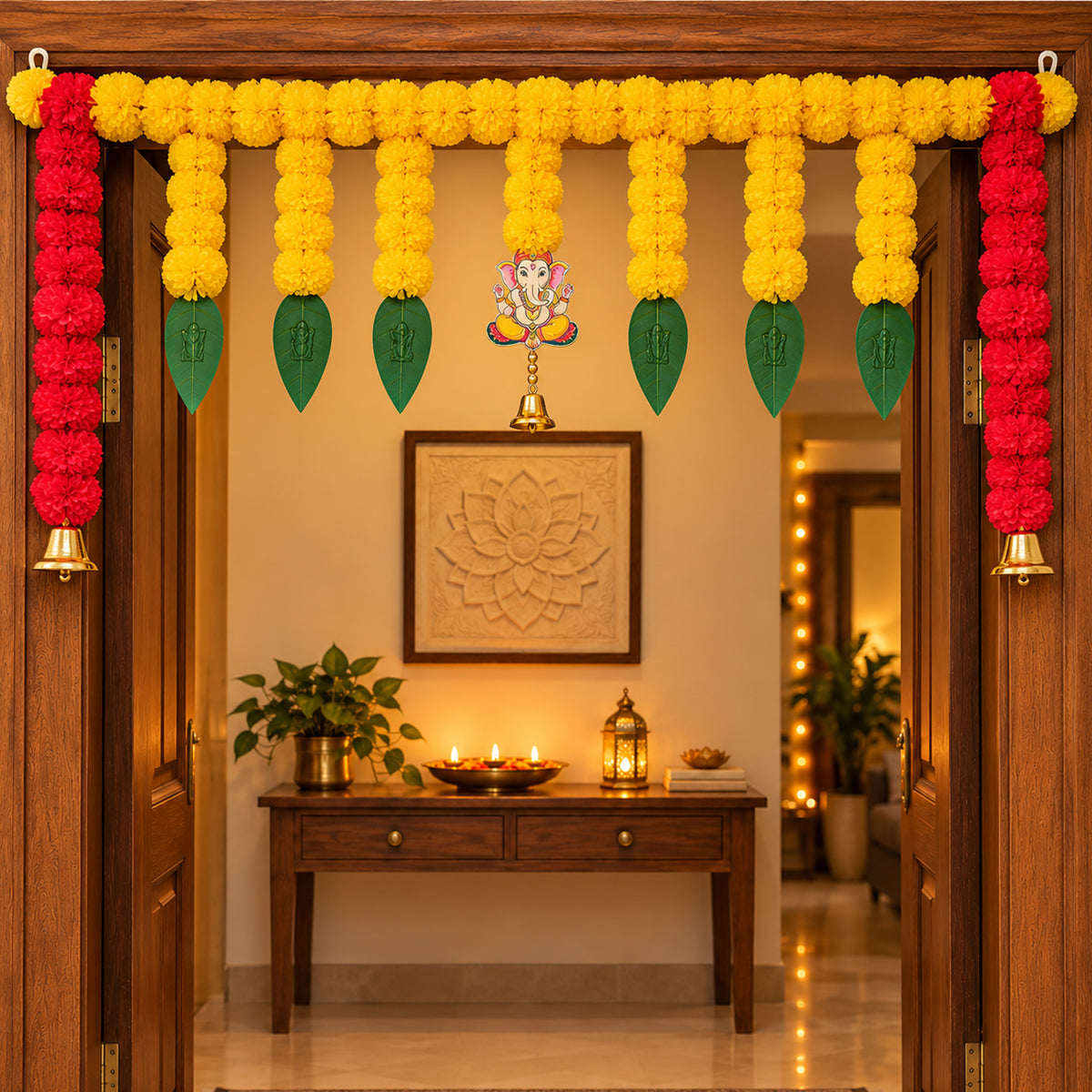 Yellow & Red Marigold Bell Toran for Diwali Decoration for Home
