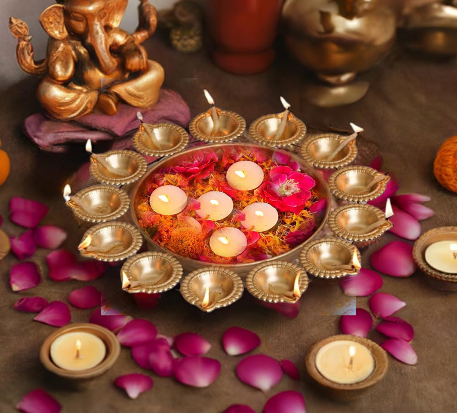 Urli Diya with Tea Light Candles for Diwali Decoration - 7 Inches