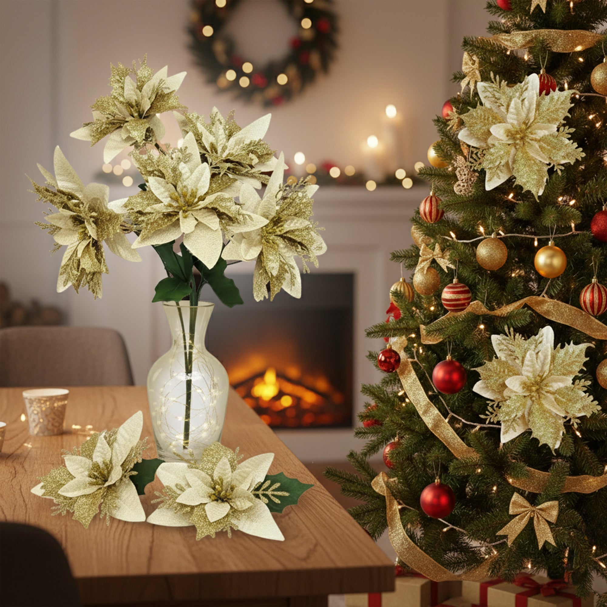 Christmas Decor Gold Poinsettia Flower - 5pcs