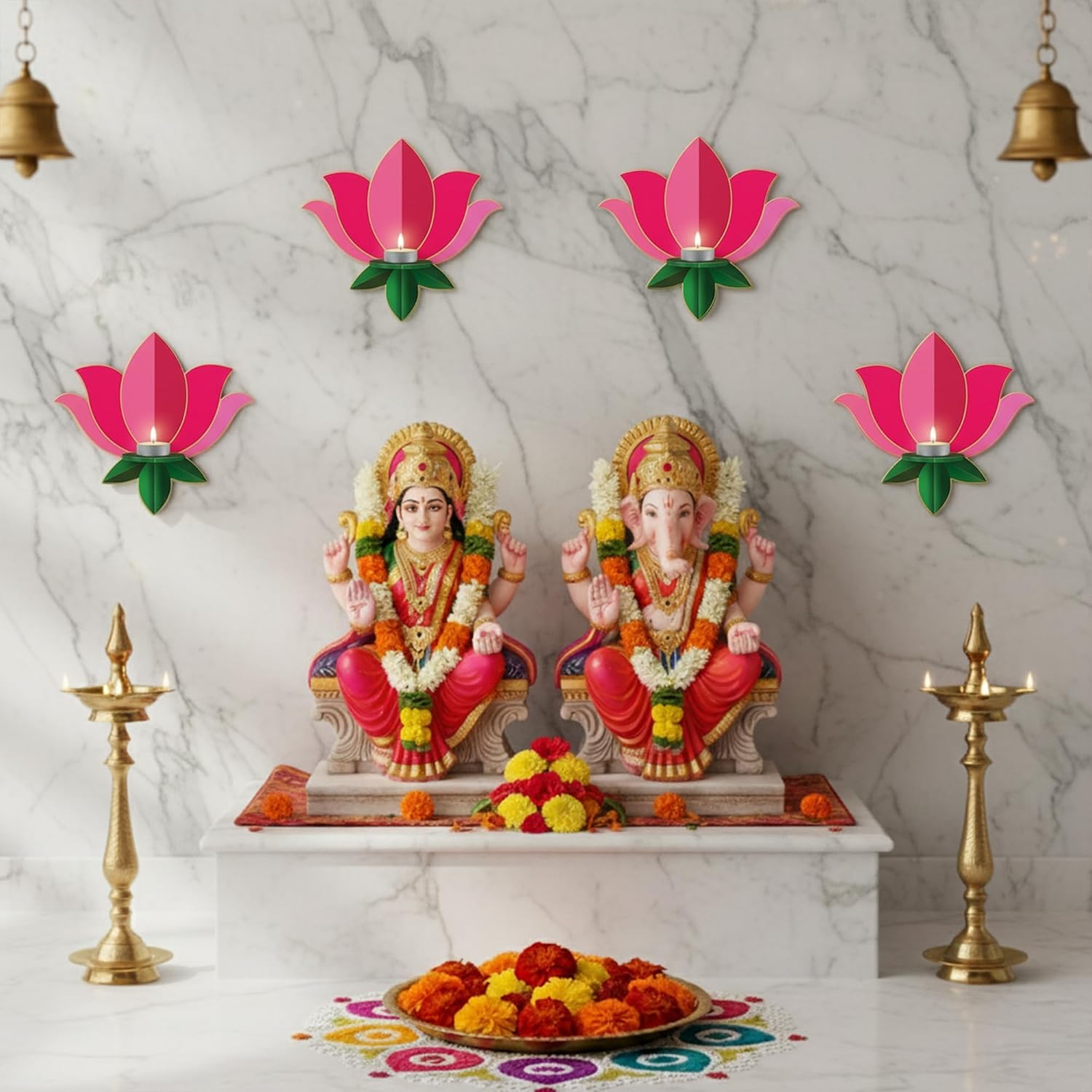 Lotus Glow Ganpati Décor Set – Wooden Candle Holder Collection (4 Pieces)