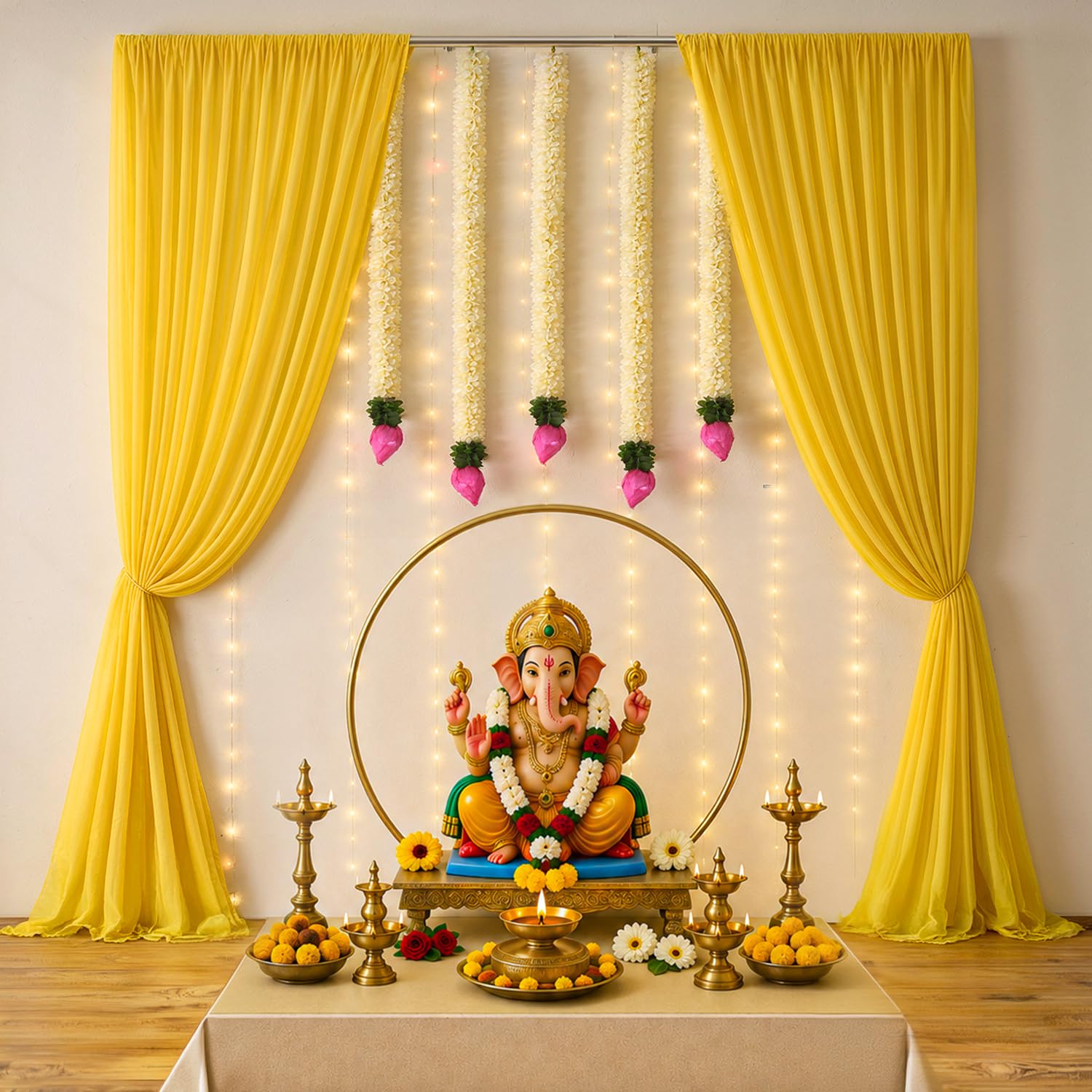 Ganpati Decoration Kit with Yellow Backdrop & Lotus Bud Hangings – 11 Pcs