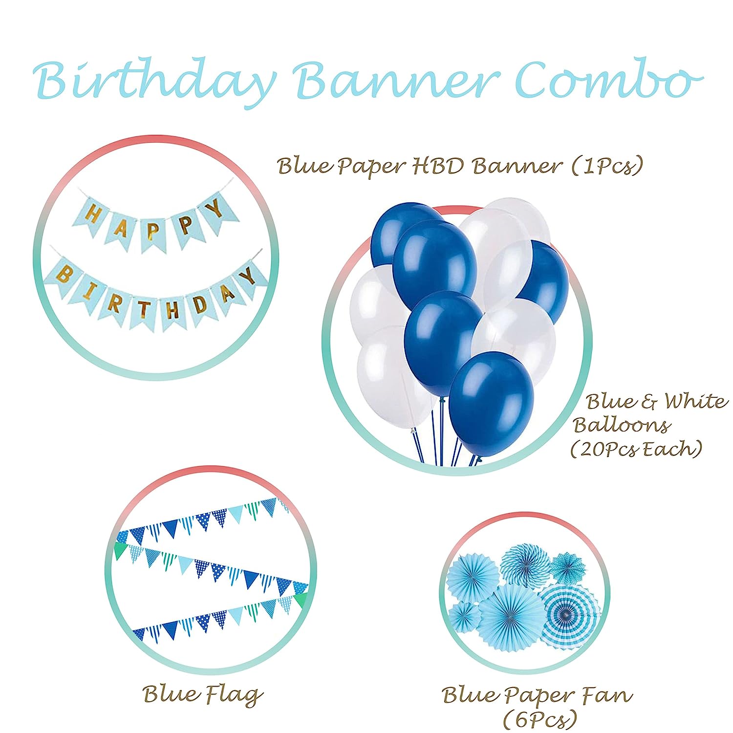 Blue Theme Birthday decoration items with paper flag and fans- 28 Items