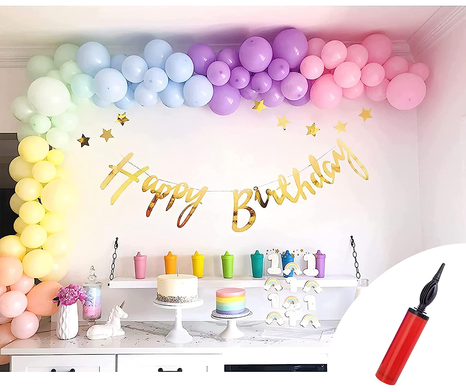 Pastel Rainbow Multi Color Birthday Decorations Kit with White net and  Fairy Light, Cabana Theme,Canopy