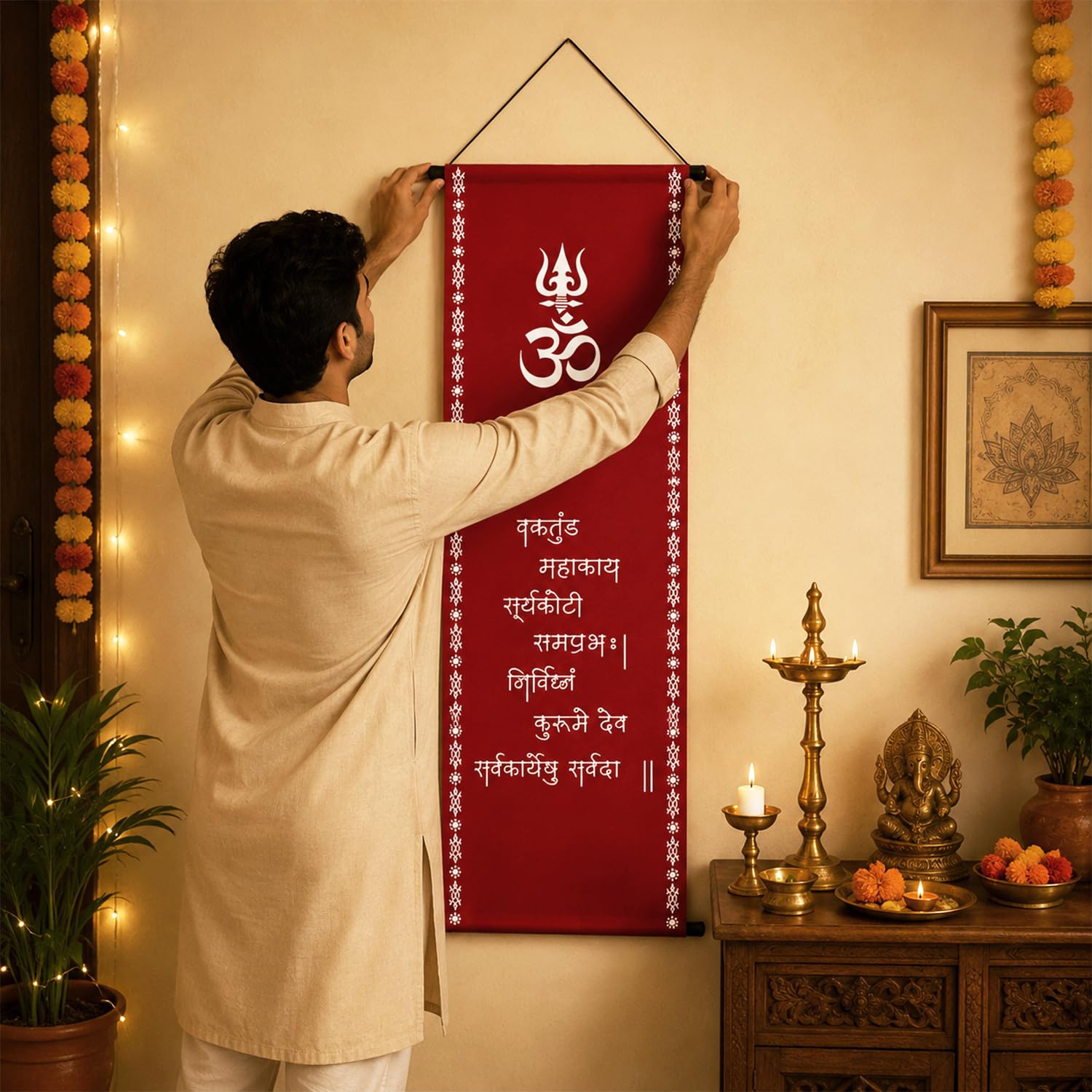 Divine OM Scroll Backdrop – Ganpati Decoration Cloth for Home & Pooja