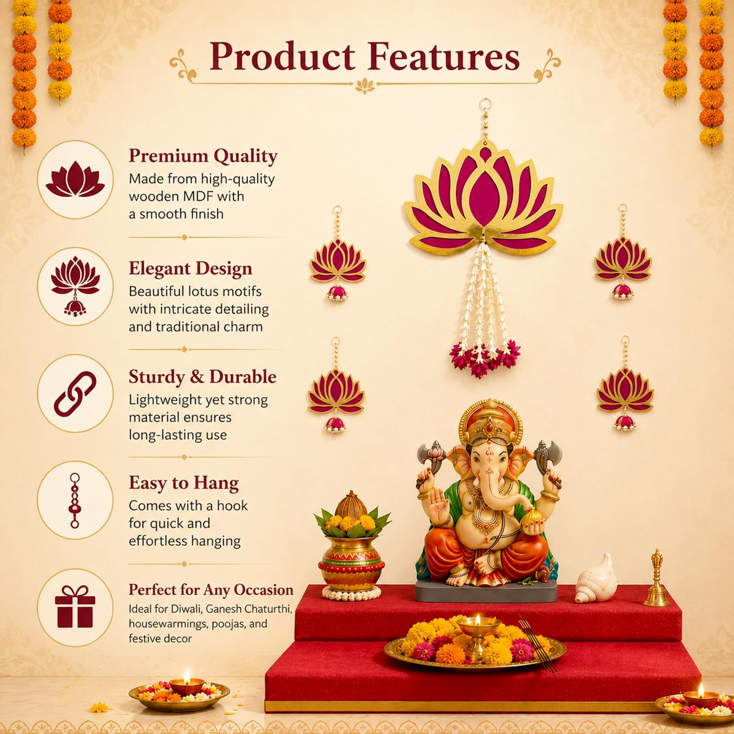 Lotus Bloom Ganpati Hanging Décor Set – 5 Pieces