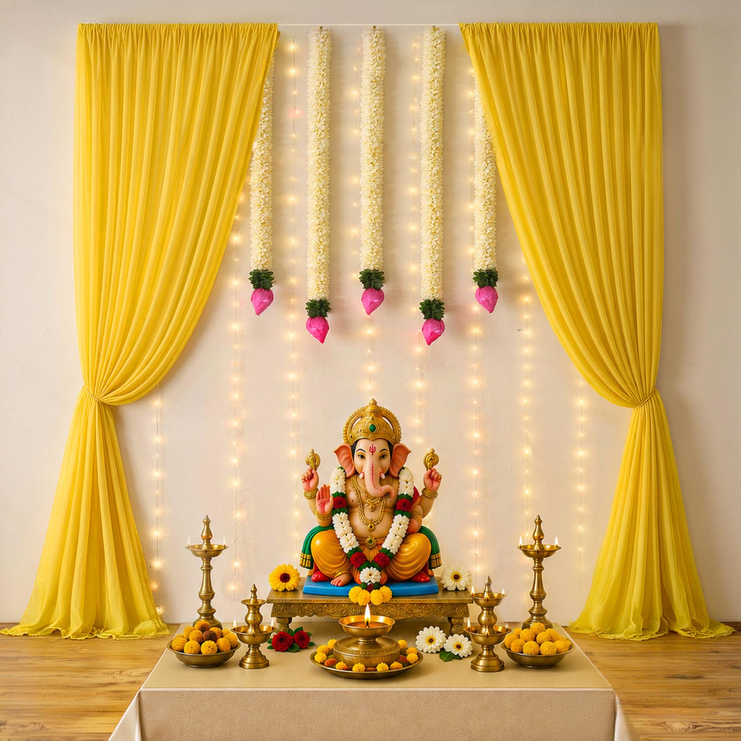 Ganpati Decoration Kit with Yellow Backdrop & Lotus Bud Hangings – 11 Pcs
