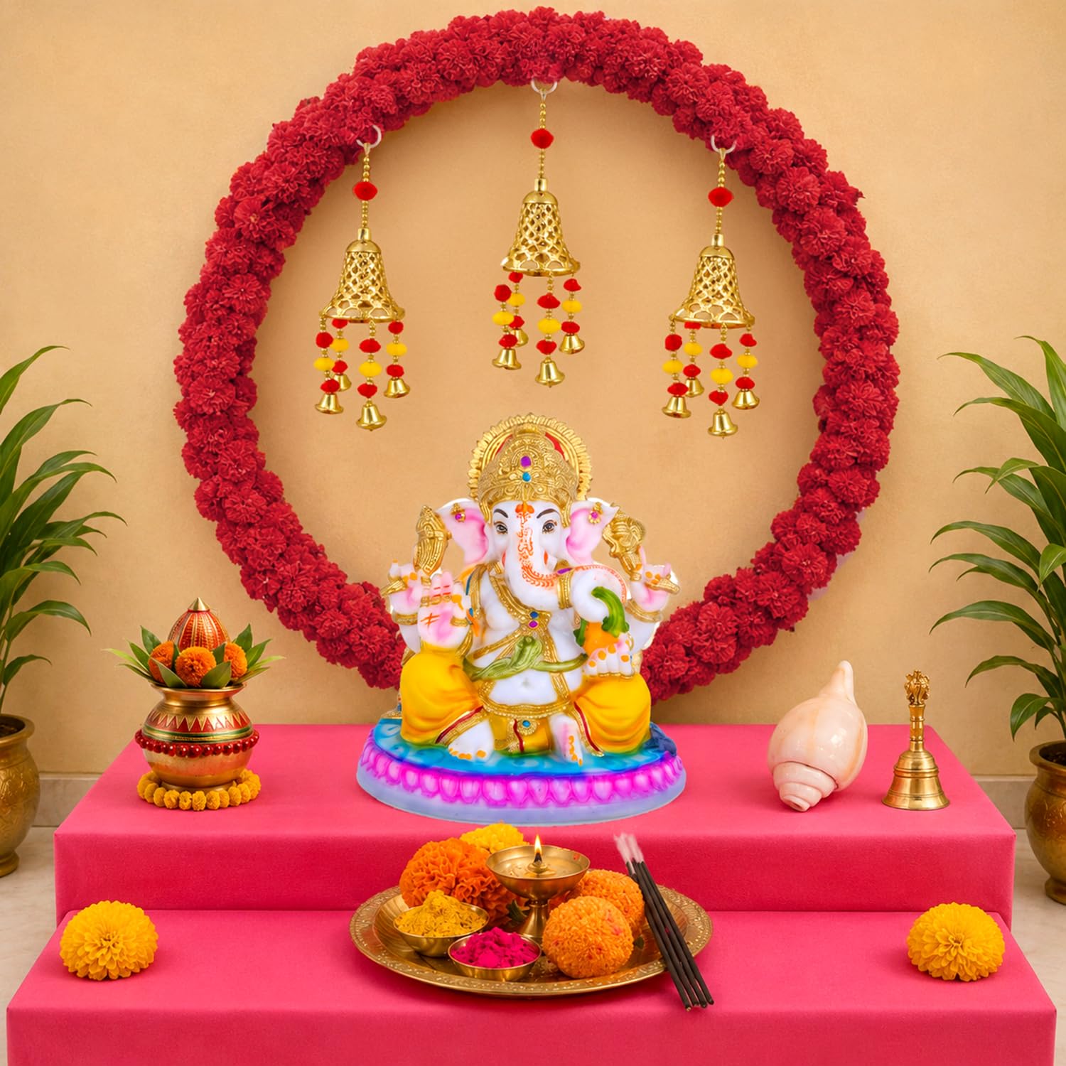 Ganpati Celebration Decor Kit – Marigold Garlands & Bell Hangings