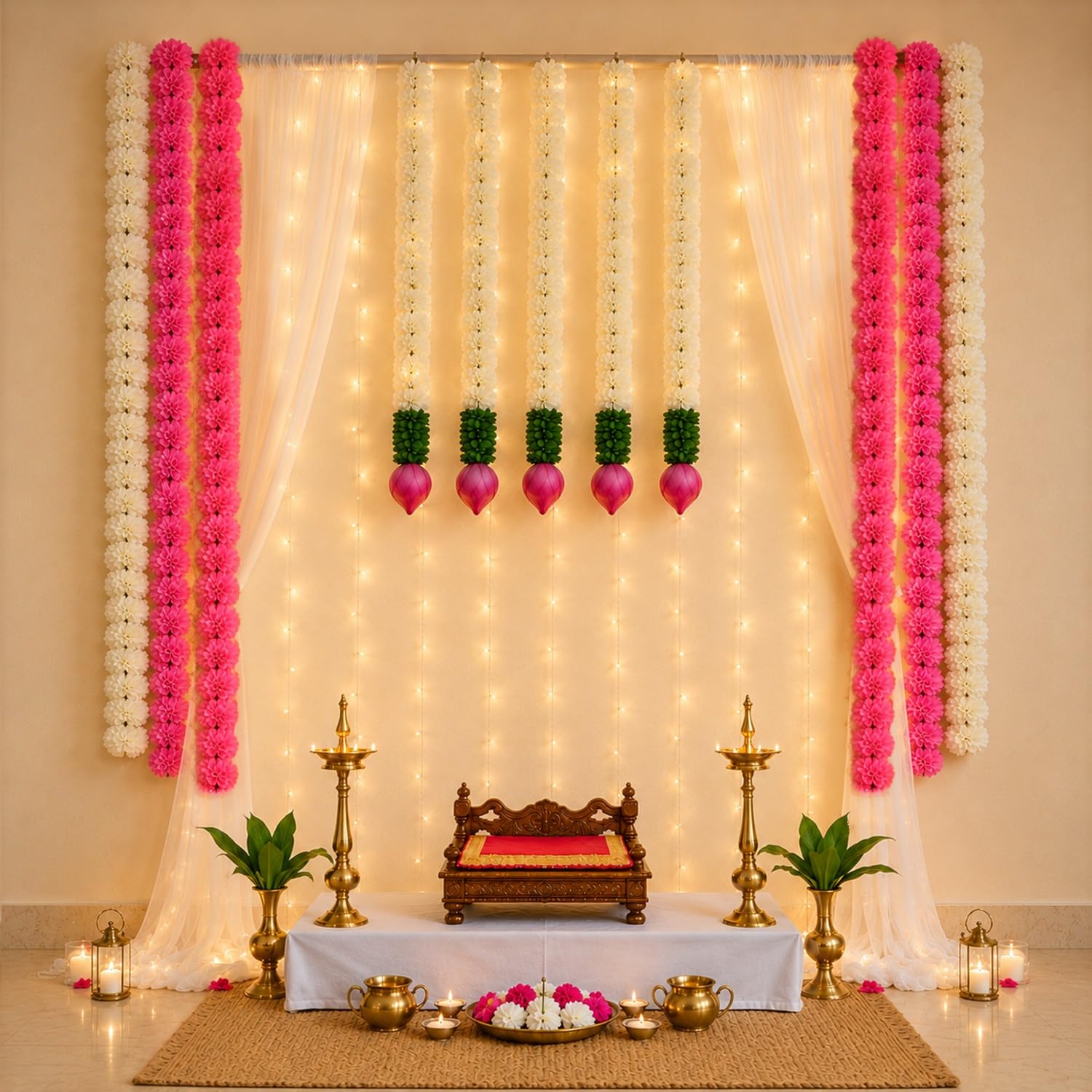 Pink Ganpati Decoration Kit with Lotus Wall Hangings – 14 Pcs