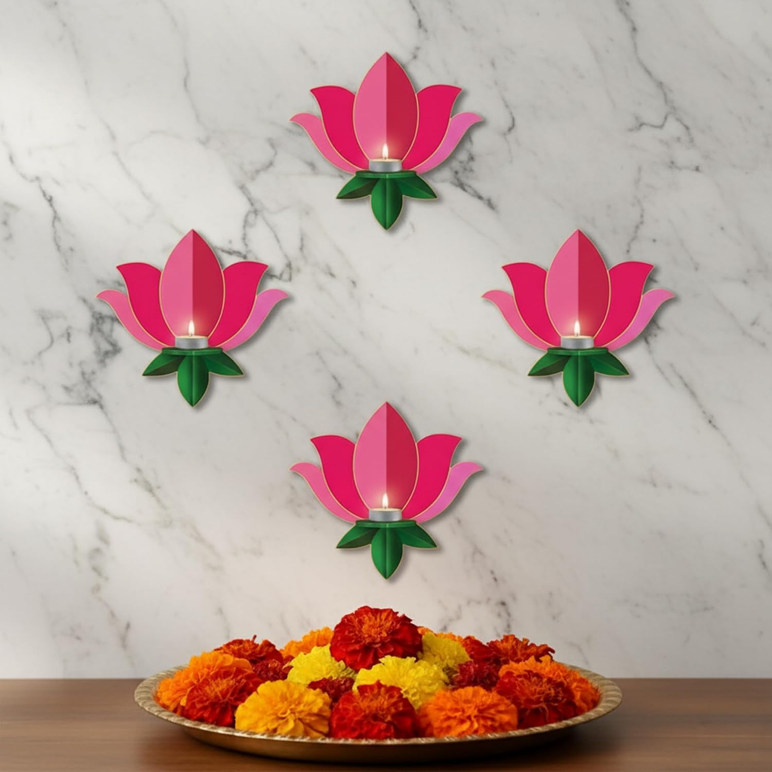 Lotus Glow Ganpati Décor Set – Wooden Candle Holder Collection (4 Pieces)