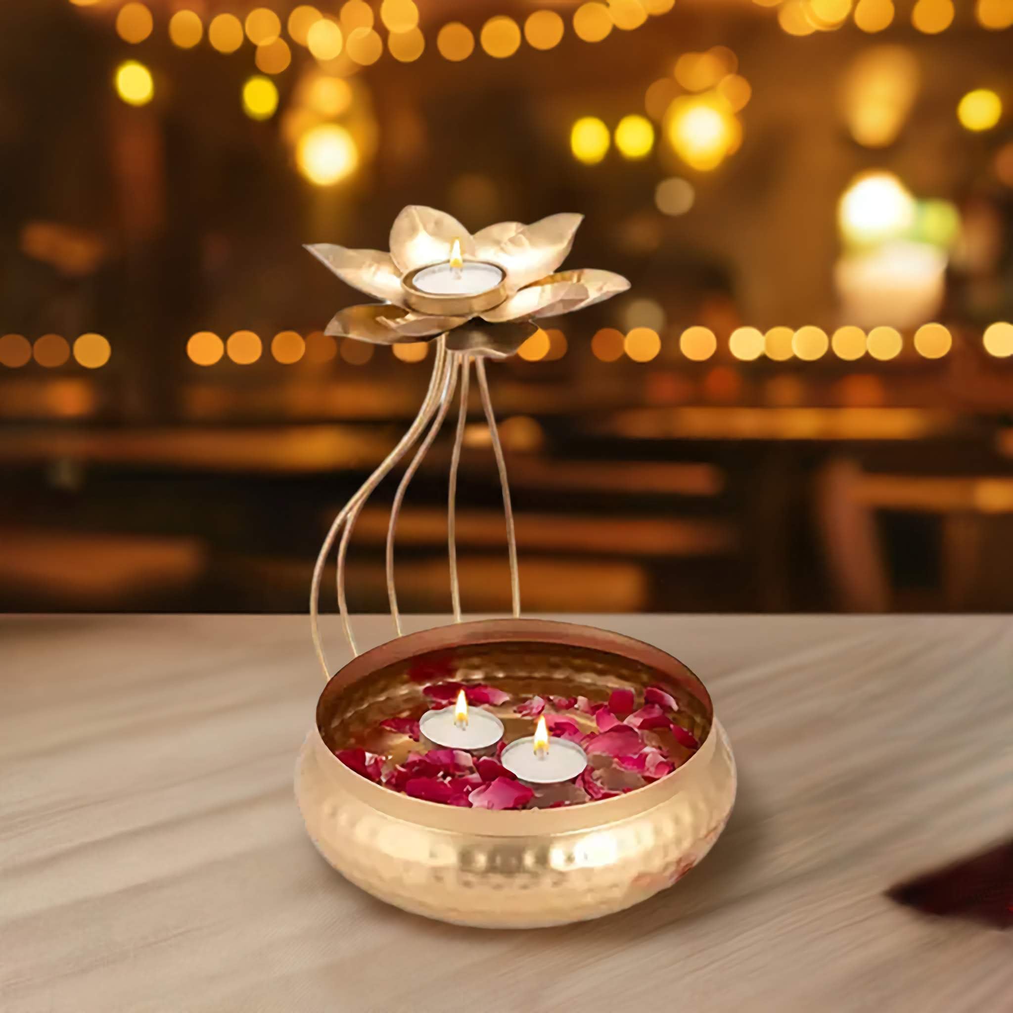 Lotus Urli Bowl with Tea Light Candles for Diwali Decoration