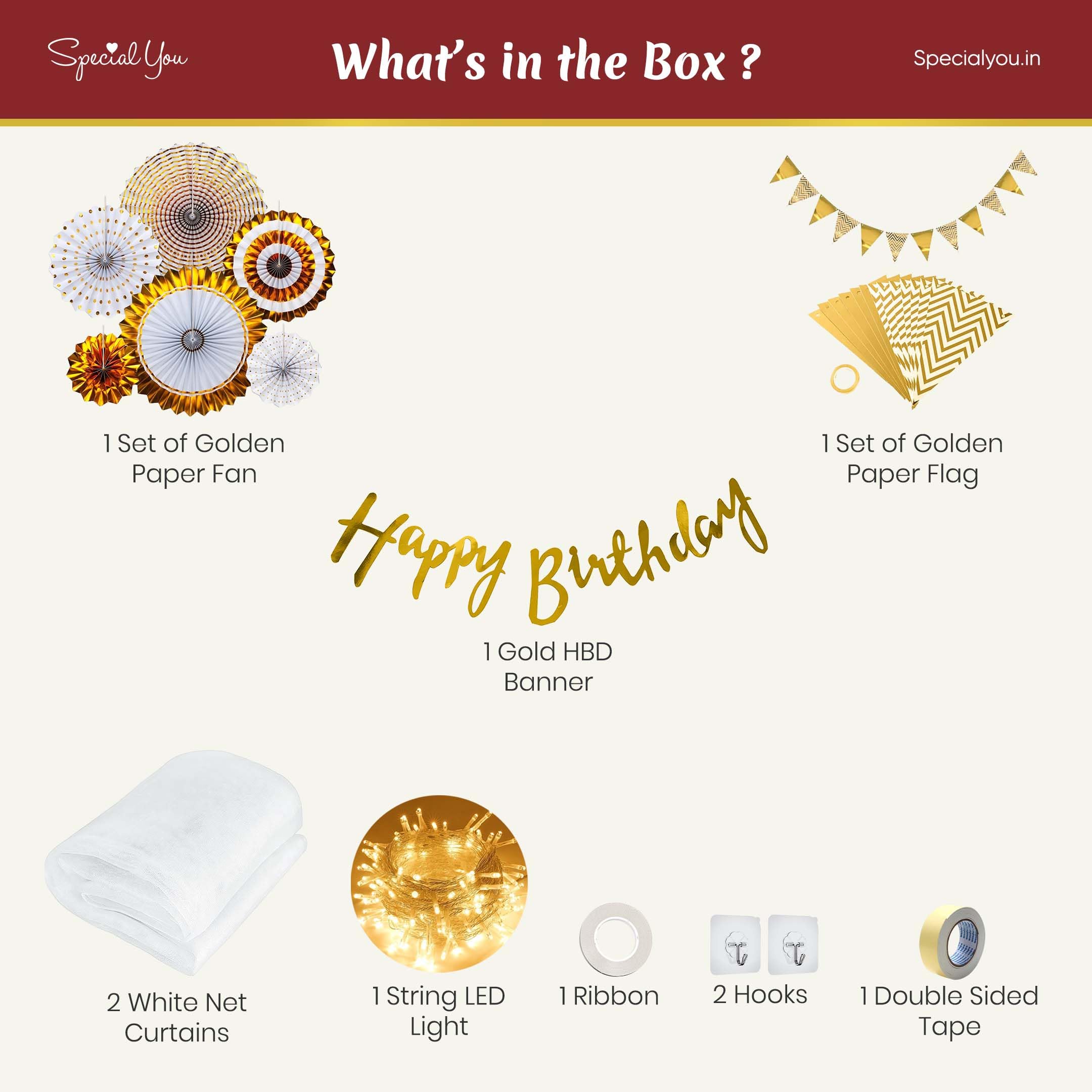 Gold Paper Fan Happy Birthday Decoration- Set of 10pcs