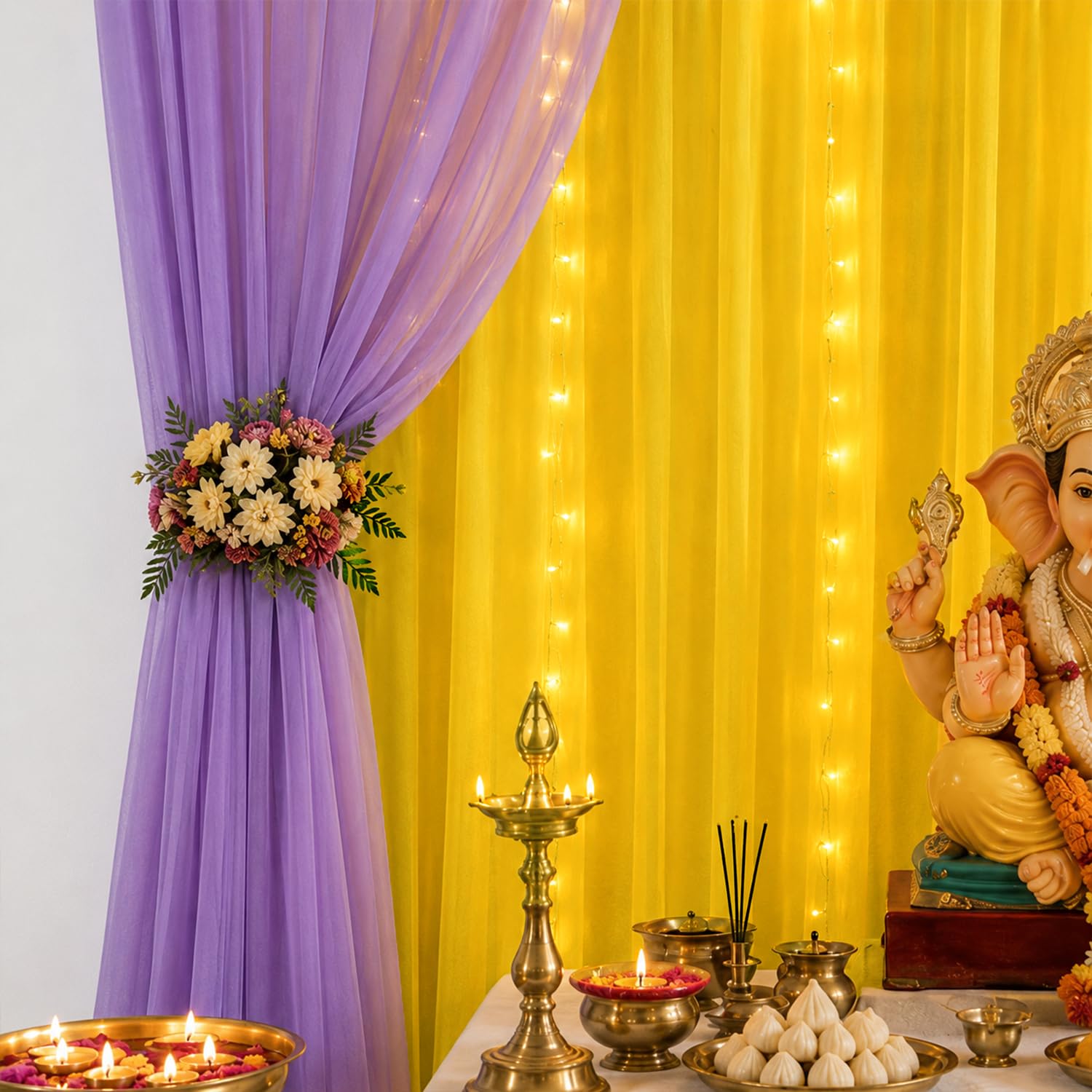 Lavender & Yellow Ganpati Backdrop Décor Set – Festive Home Decoration (8 Pieces)