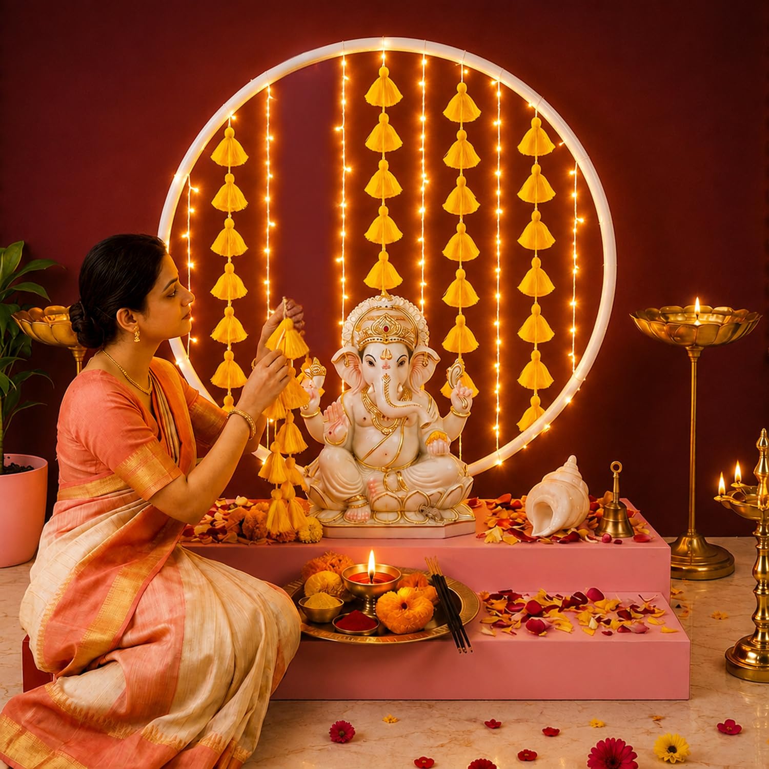 White Round Ganpati Backdrop Stand with Decorative Hangings