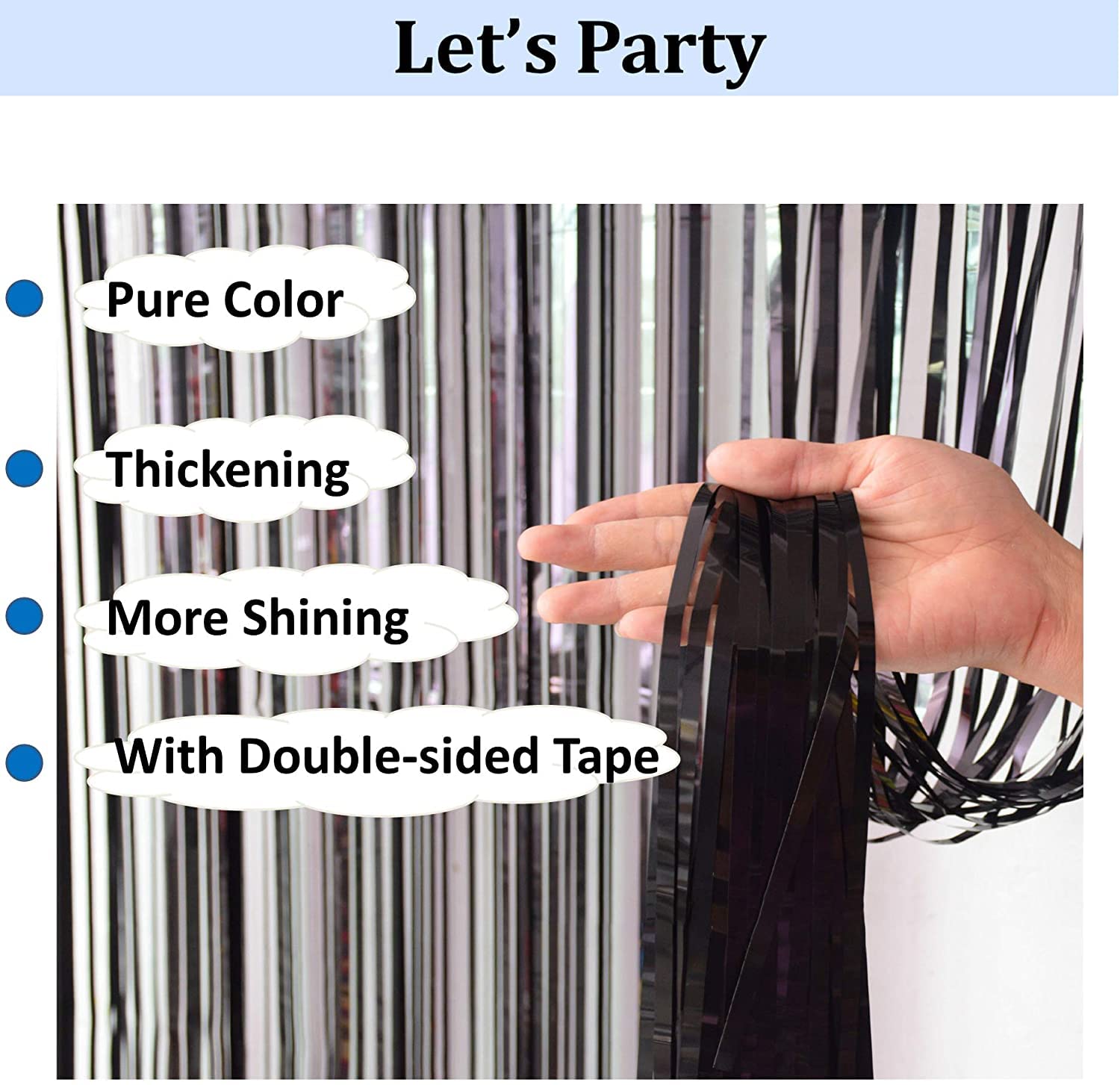 Black metallic fringe curtain (pack of 3) for party backdrop