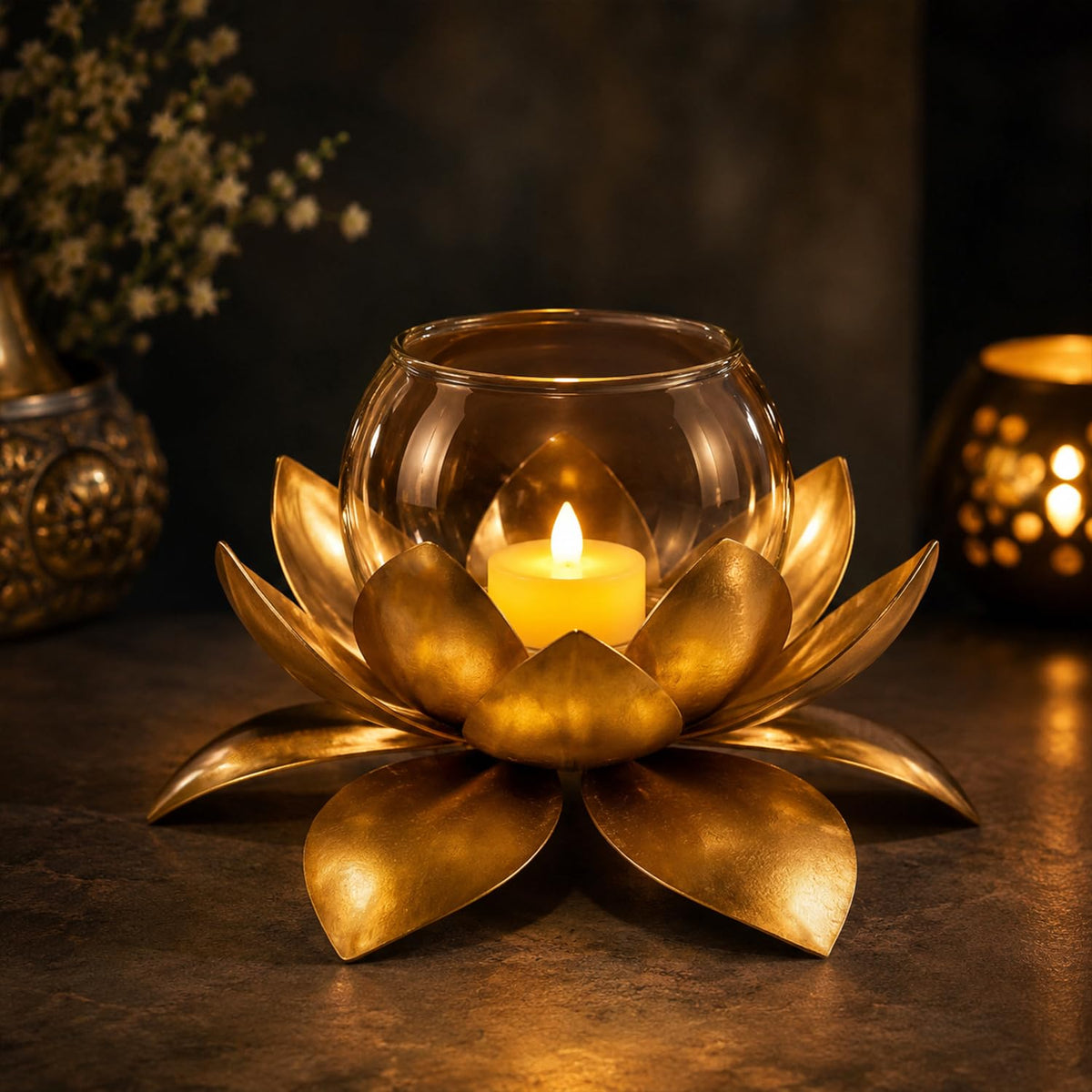 Lotus Urli Bowl with Glass Jar for Diwali Decor