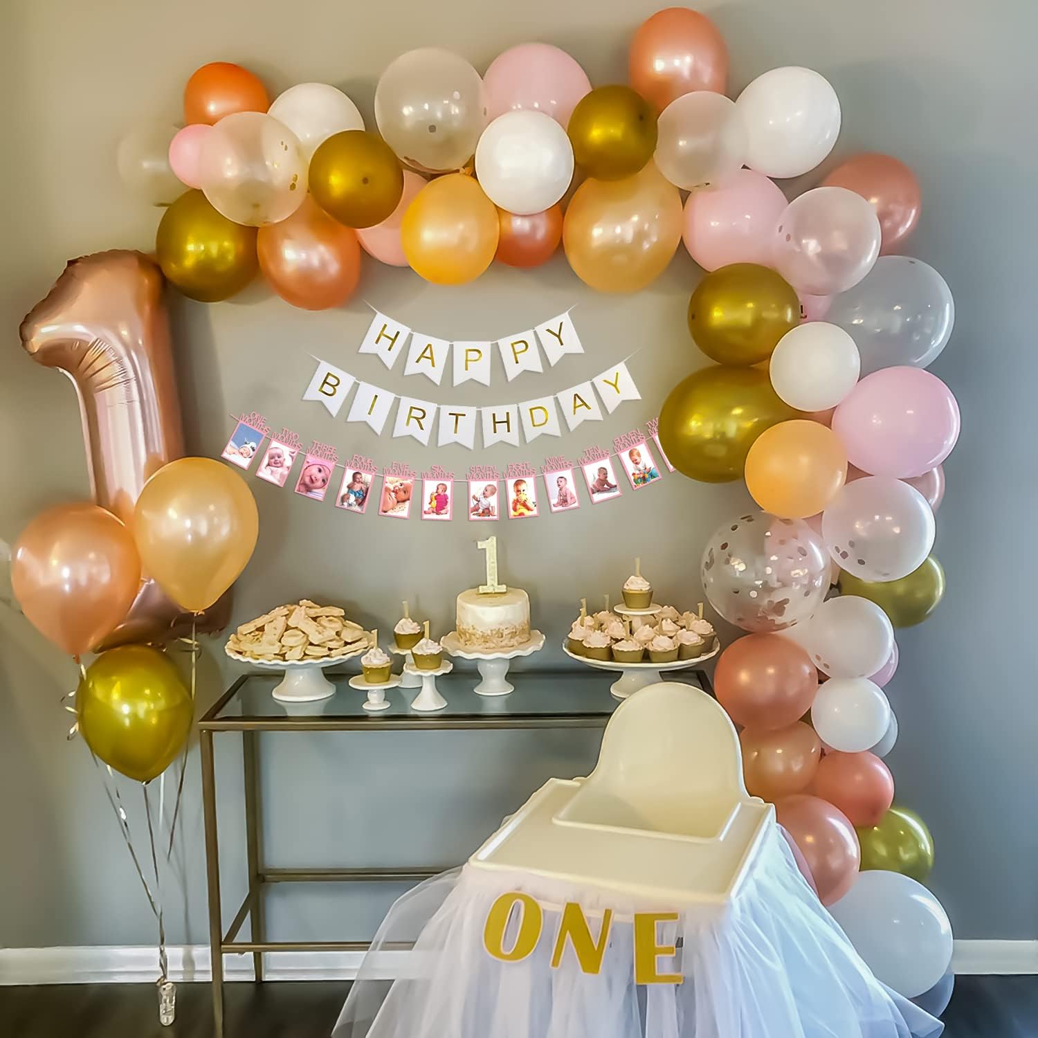1st Birthday decoration items kit for girls with Monthly Birthday Banner