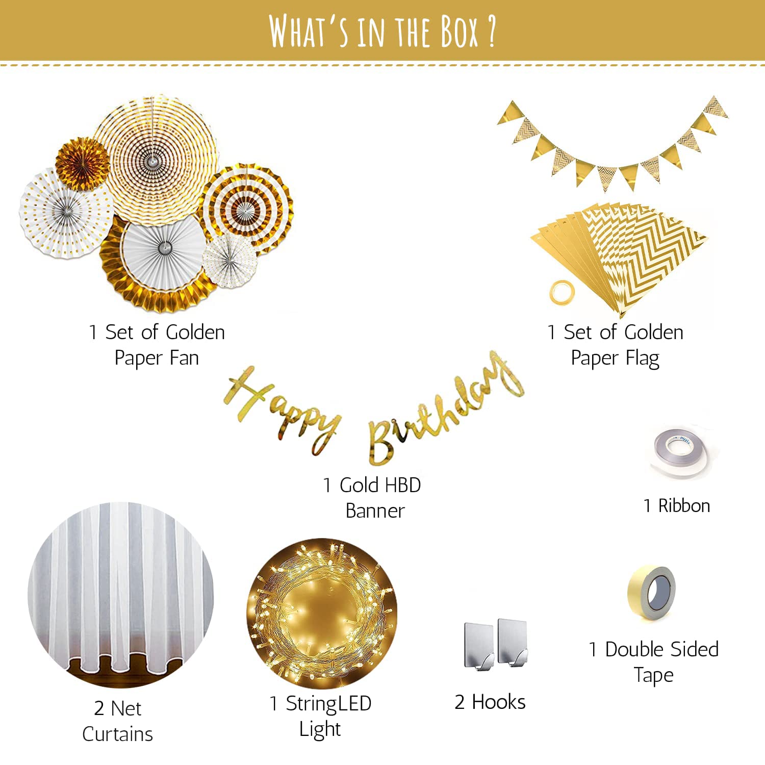 Gold Paper Fan Happy Birthday Decoration- Set of 10pcs