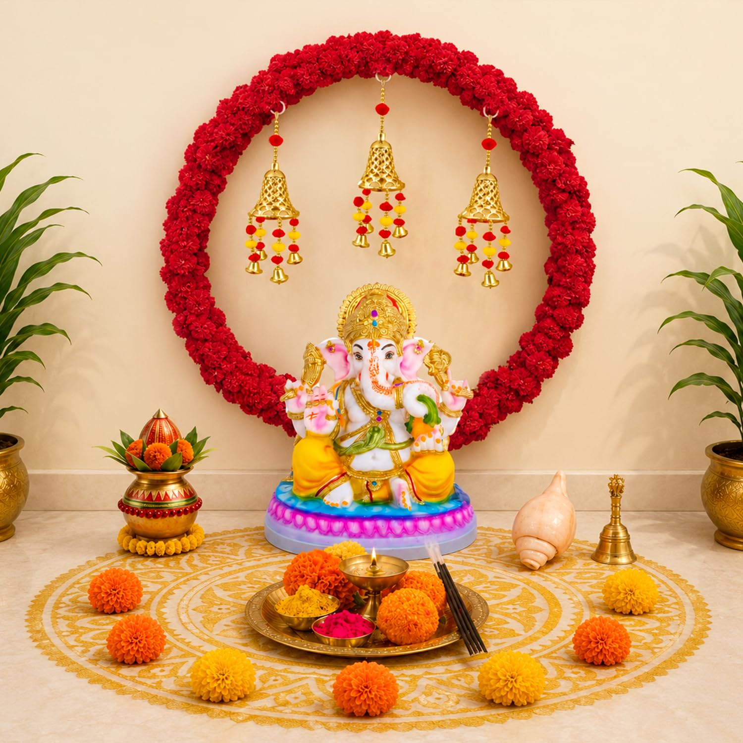 Ganpati Celebration Decor Kit – Marigold Garlands & Bell Hangings