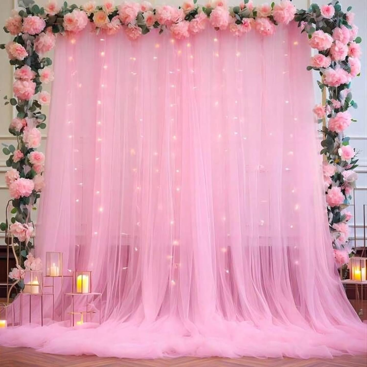 Pink Net Curtain Decoration with fairy lights