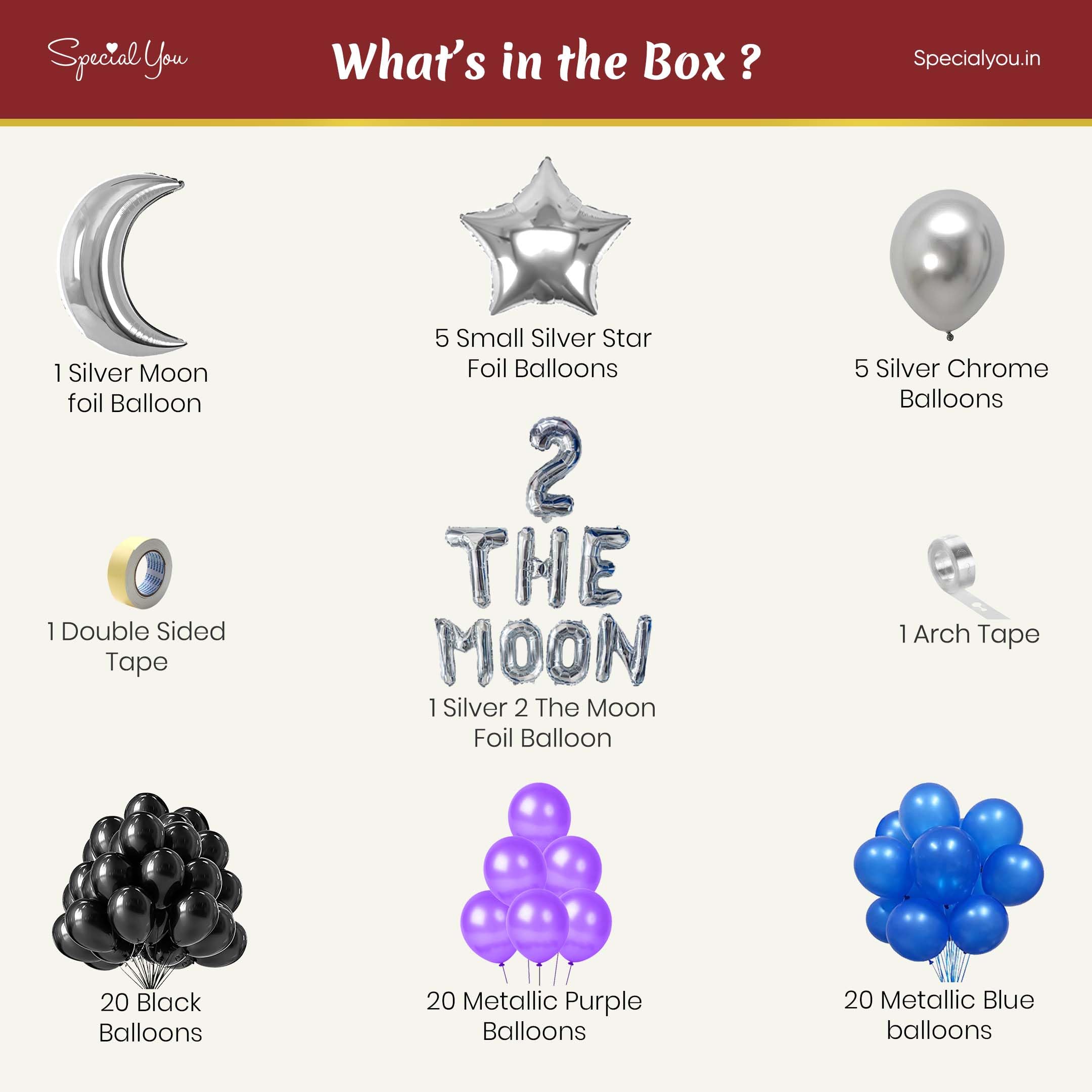 2nd Birthday Decoration Items kit for kids with star and moon foil balloons- 74 Items