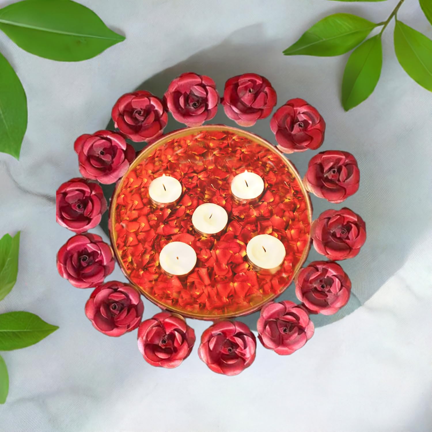 Red Rose Bowl Urli with Tea Light Candles for Diwali Home Decor