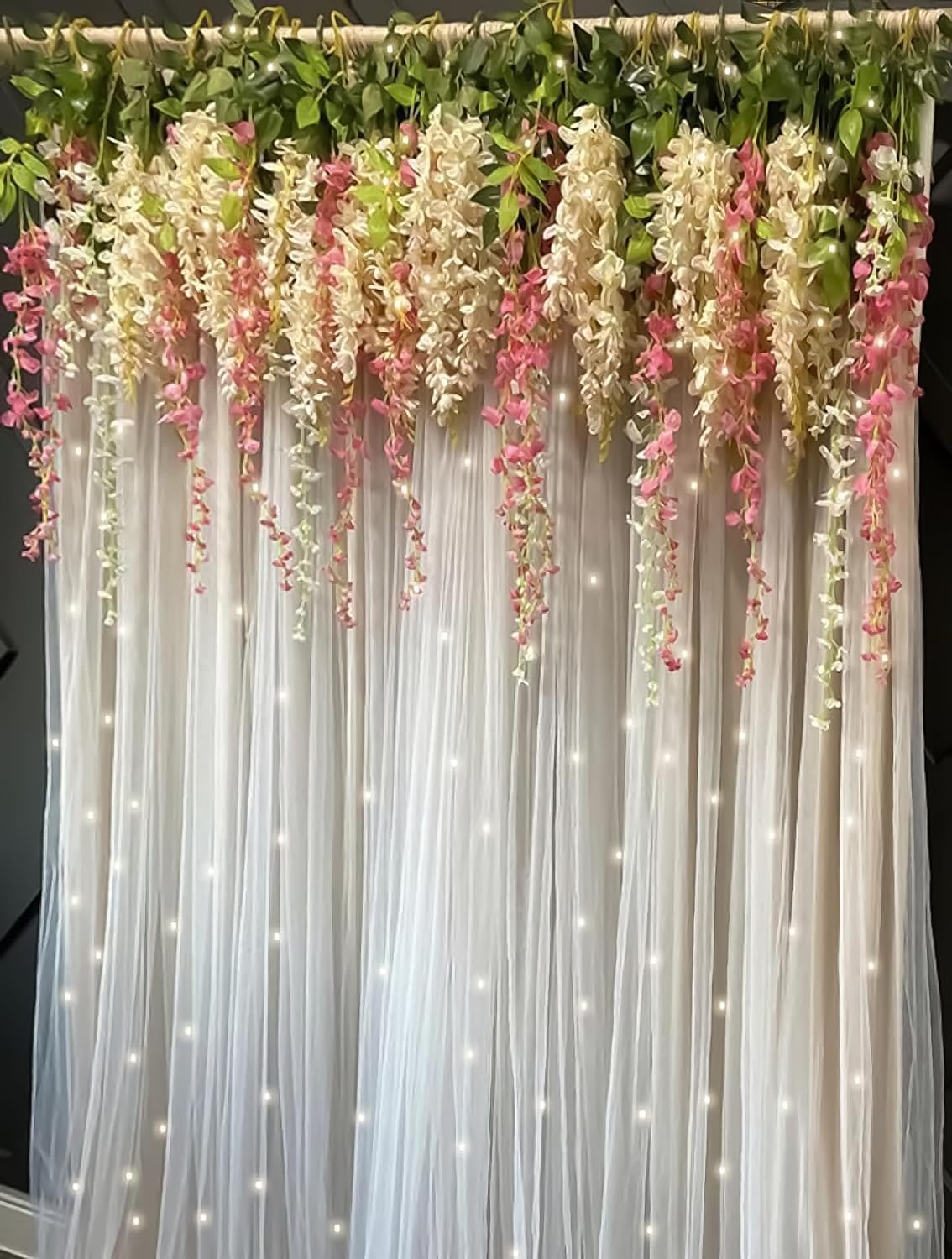 Backdrop decor with Pink & white Wisteria & Curtains