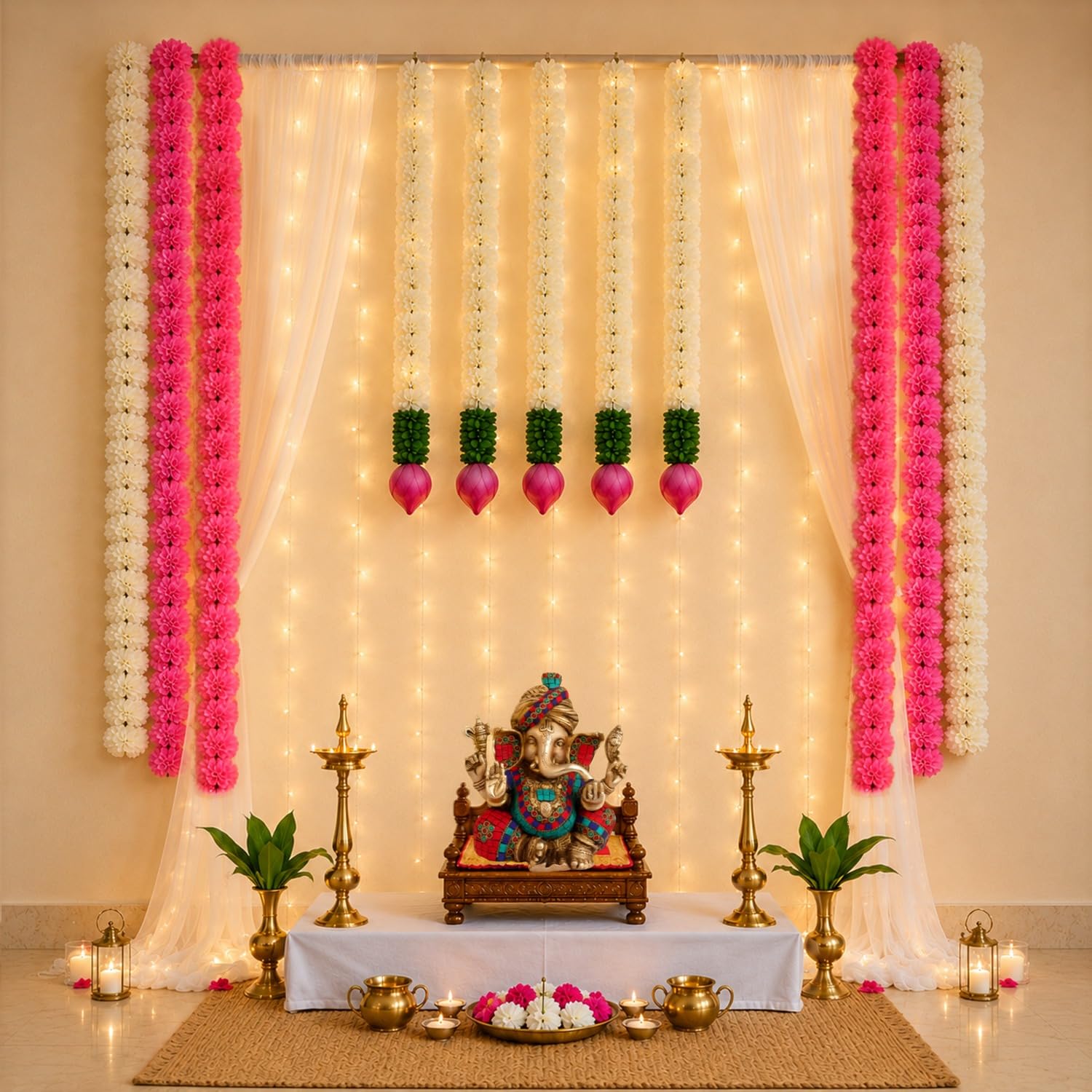Pink Ganpati Decoration Kit with Lotus Wall Hangings – 14 Pcs
