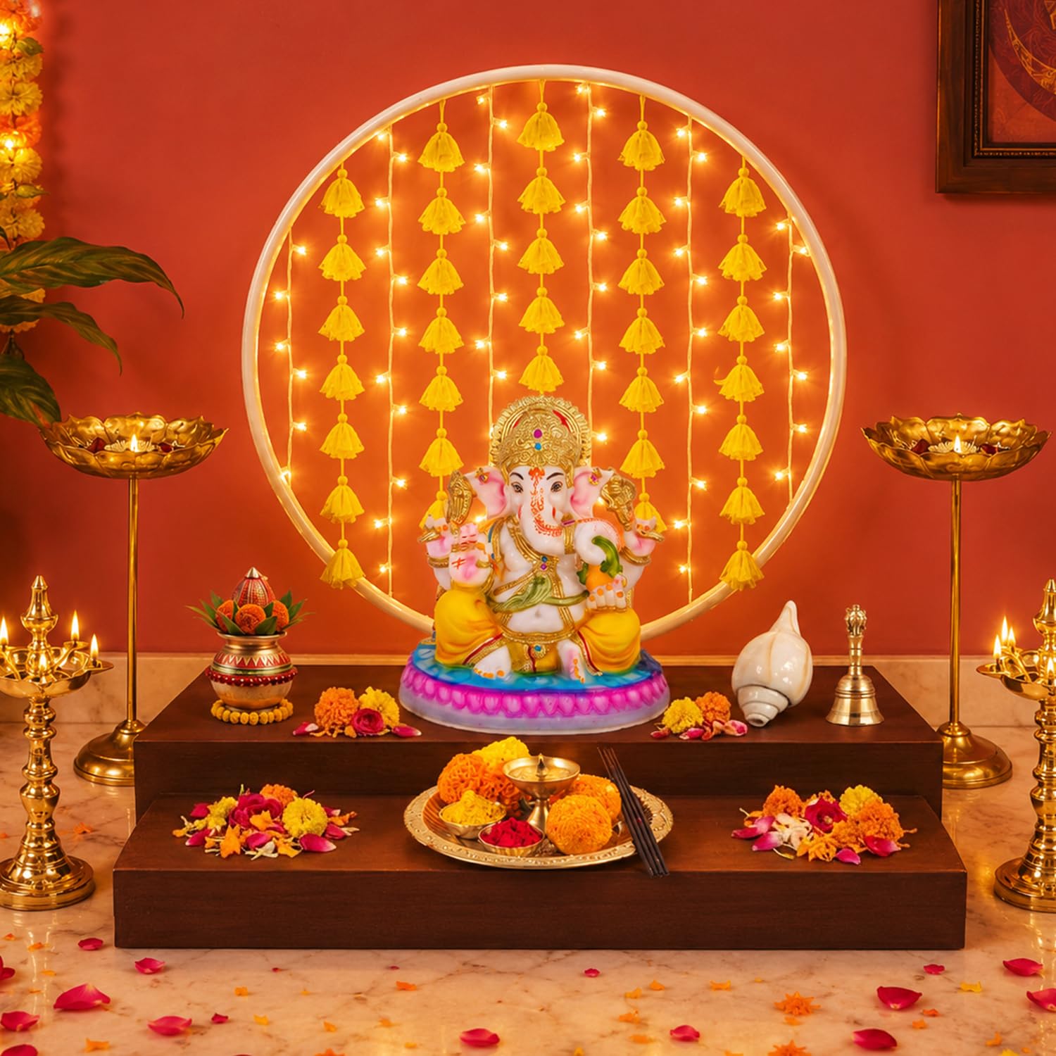 White Round Ganpati Backdrop Stand with Decorative Hangings