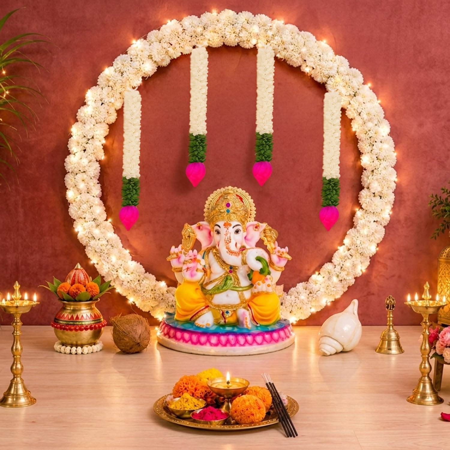 White Round Ganpati Backdrop Stand – Elegant Pooja & Home Décor