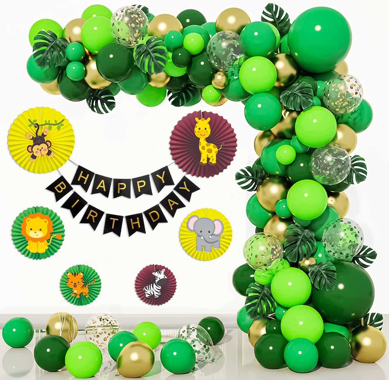 Jungle theme birthday decoration items with animal paper fans- 76 Items